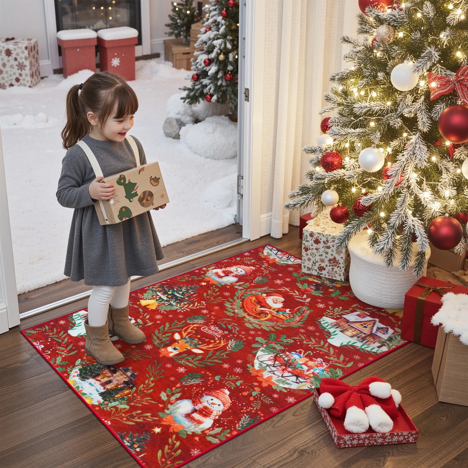 Laure Christmas Washable Garland Santa Sleigh Red Indoor/Outdoor Rug Area Rugs Lahome