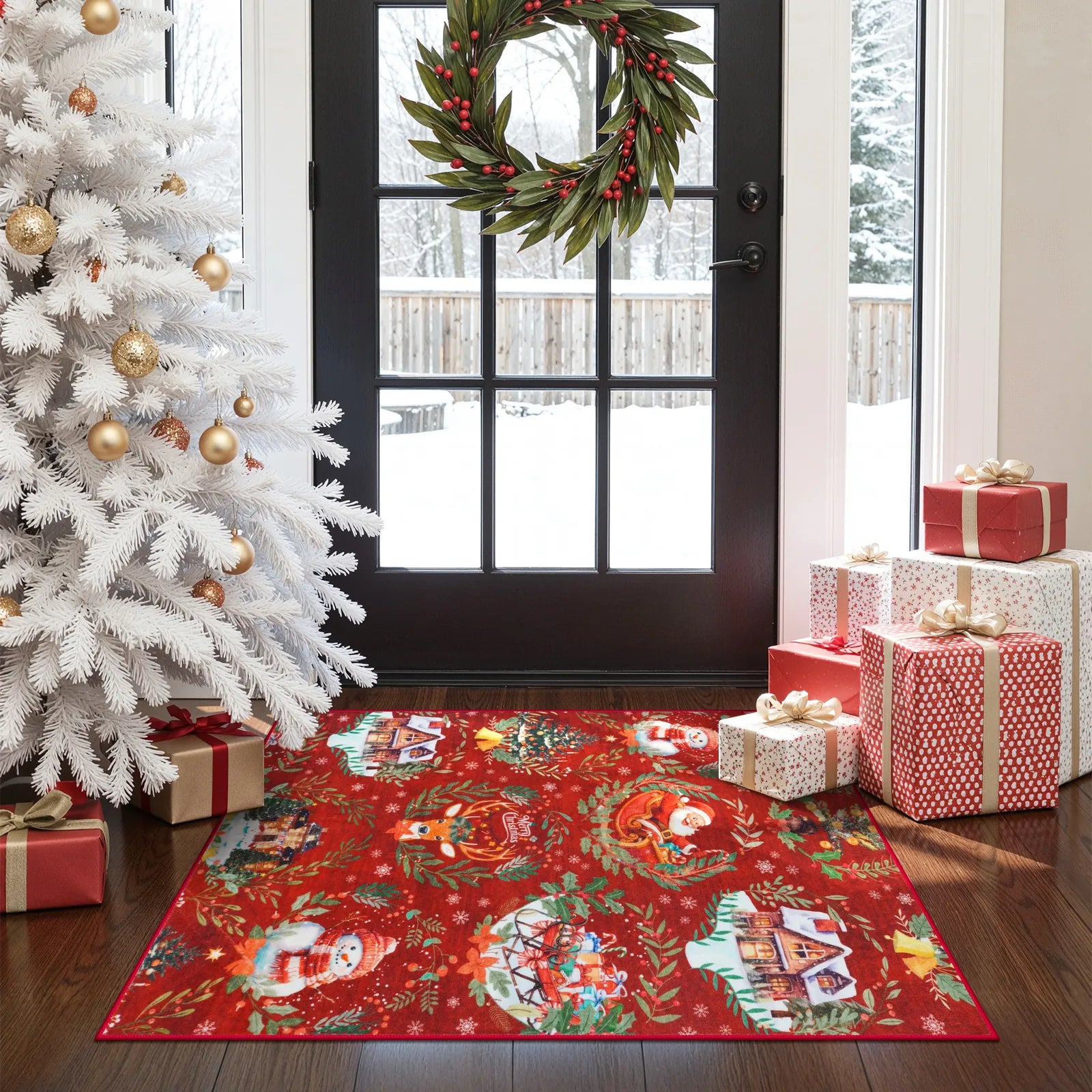 Laure Christmas Washable Garland Santa Sleigh Red Indoor/Outdoor Rug Area Rugs Lahome
