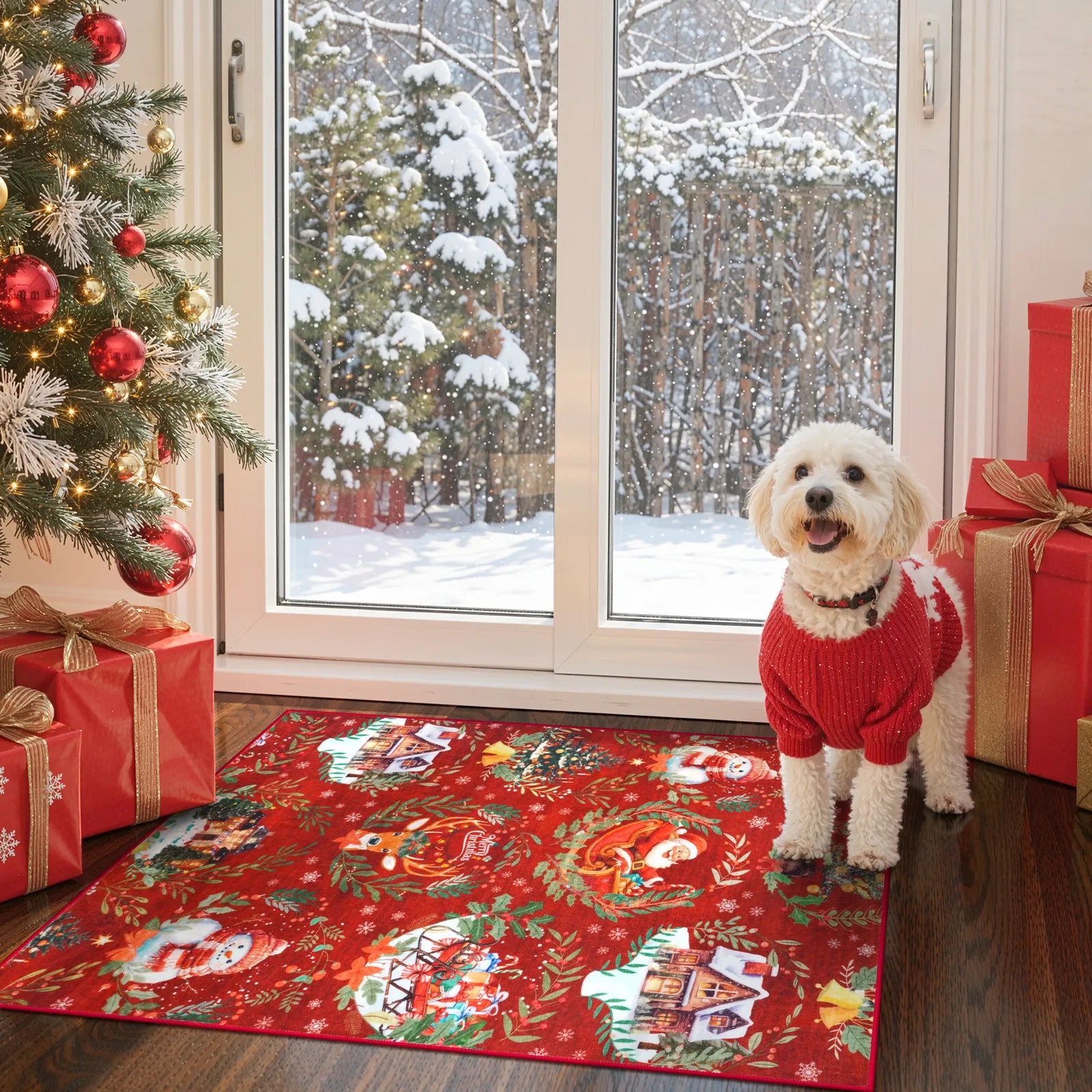 Laure Christmas Washable Garland Santa Sleigh Red Indoor/Outdoor Rug Area Rugs Lahome 2' x 3'