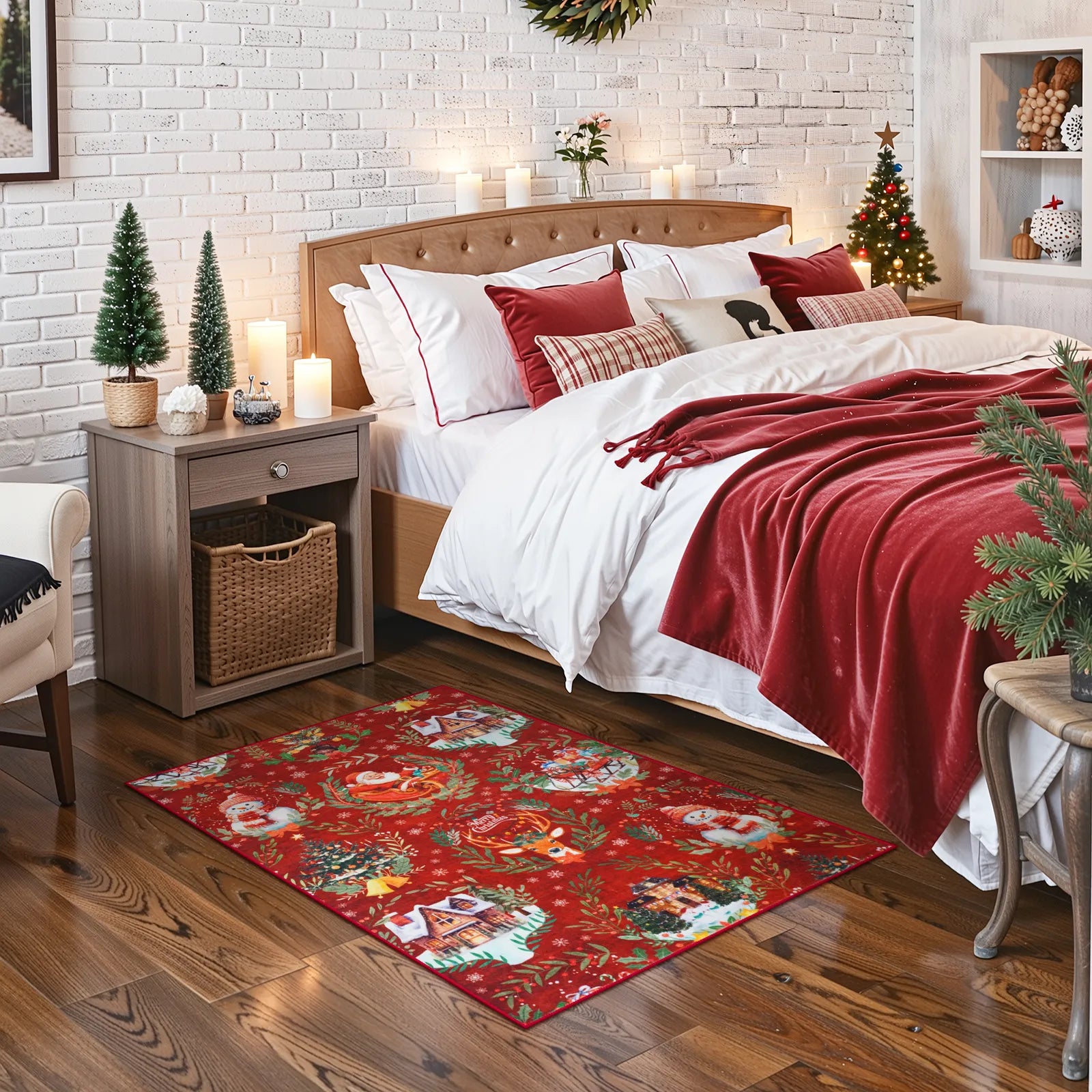 Laure Christmas Washable Garland Santa Sleigh Red Indoor/Outdoor Rug Area Rugs Lahome