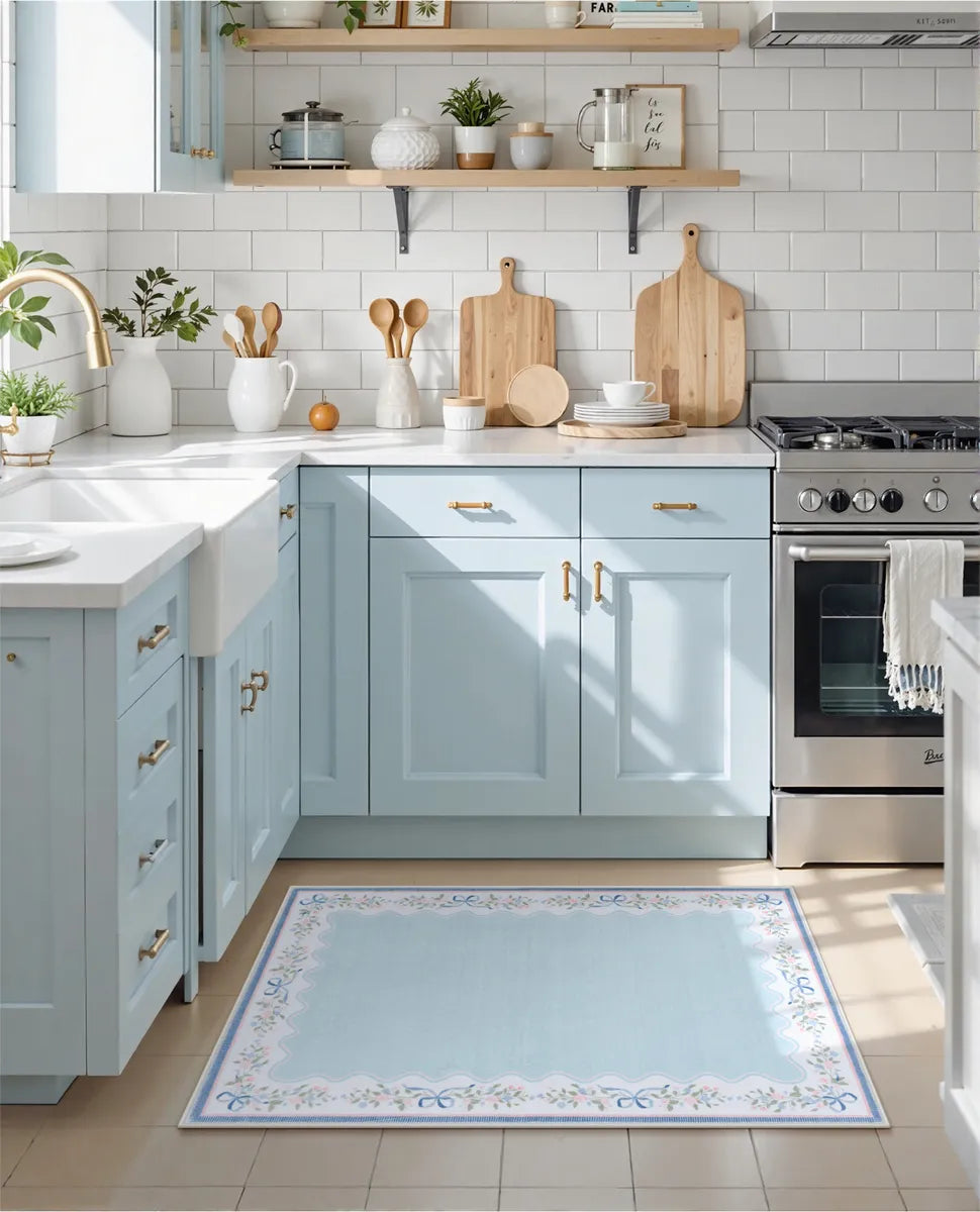 Maelis Washable Vintage Ribbon Blue Rug Rugs Lahome