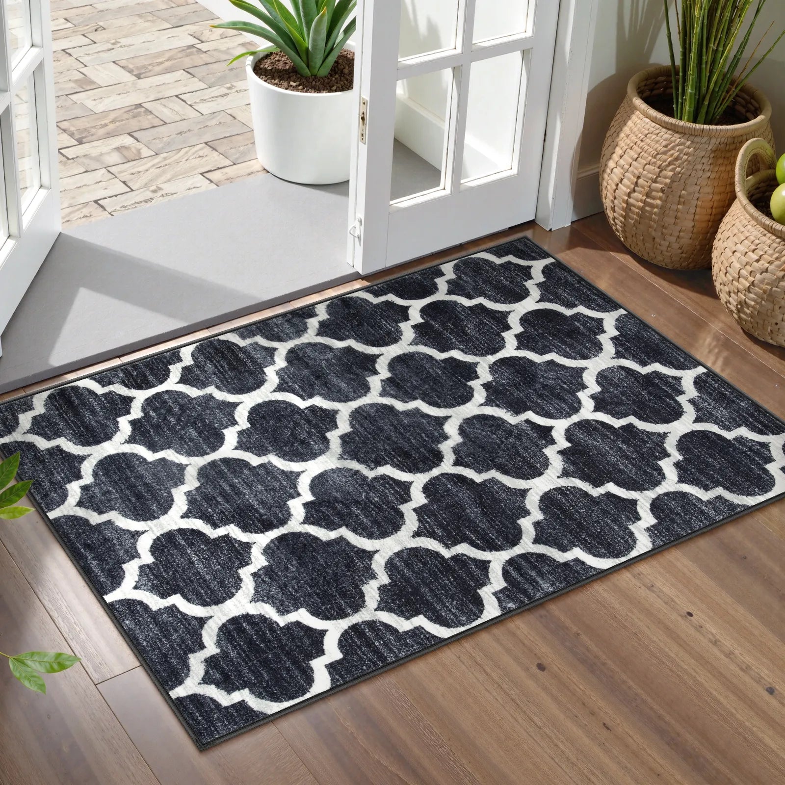 Meline Washable Classic Moroccan Trellis Black Rug Area Rugs Lahome