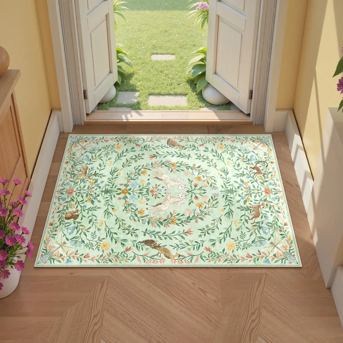 Myrrha Washable Fantasy Garden and Unicorn Light Green Rug Area Rugs Lahome