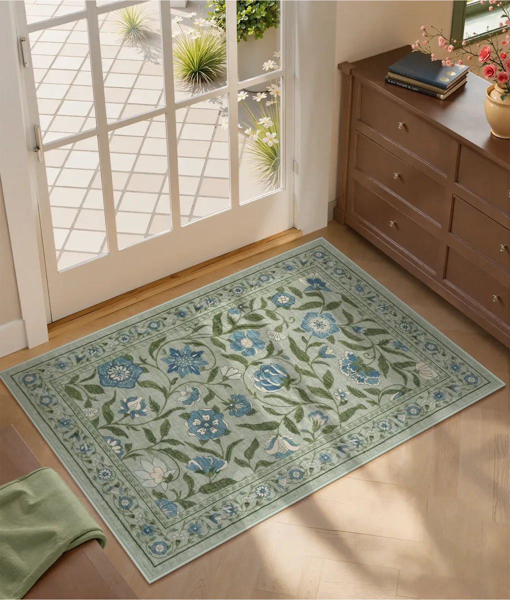 Solace Washable Boho French Elegant Floral Green Rug Rugs Lahome