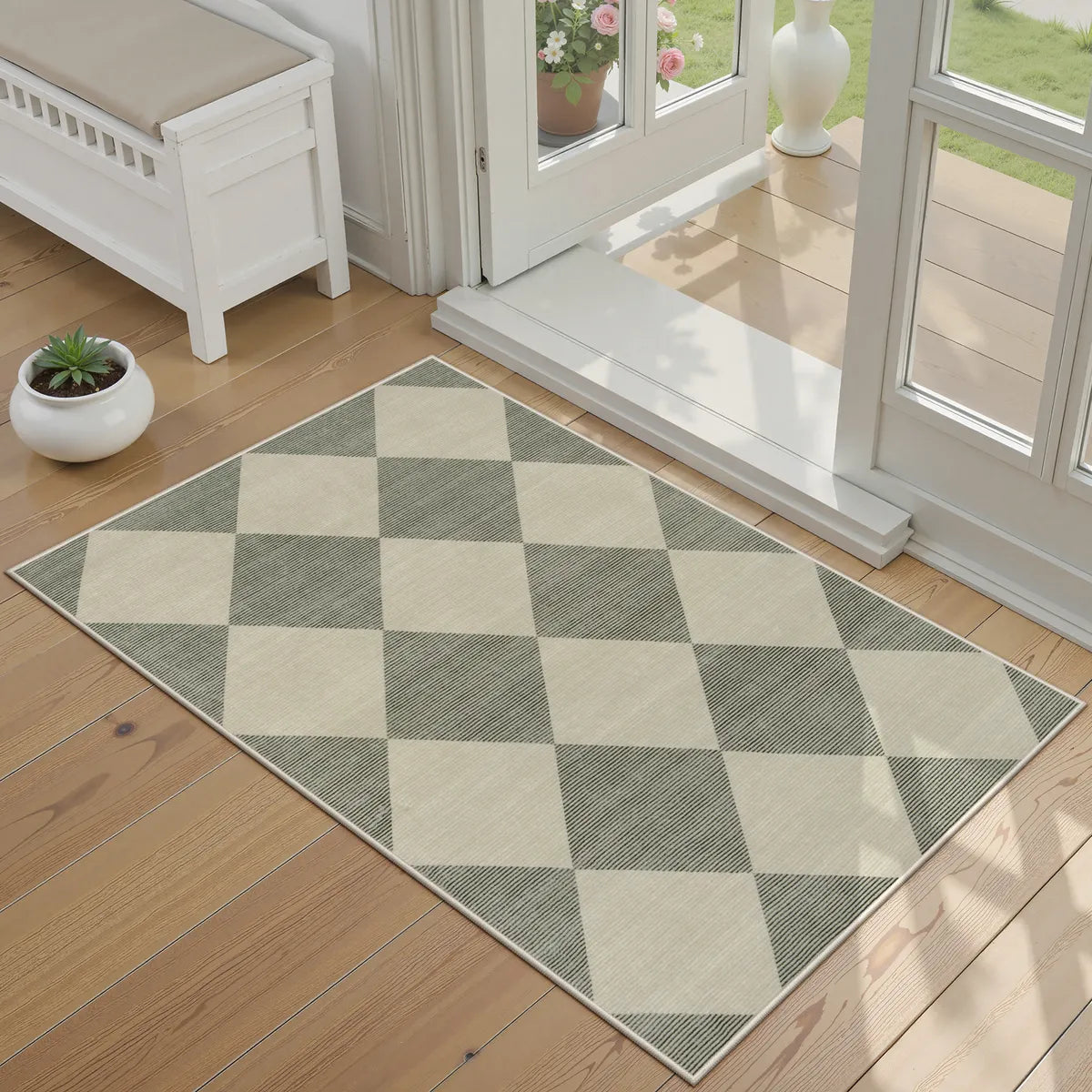 Varell Washable Modern Geometric Checkered Green Runner Rug Rugs Lahome
