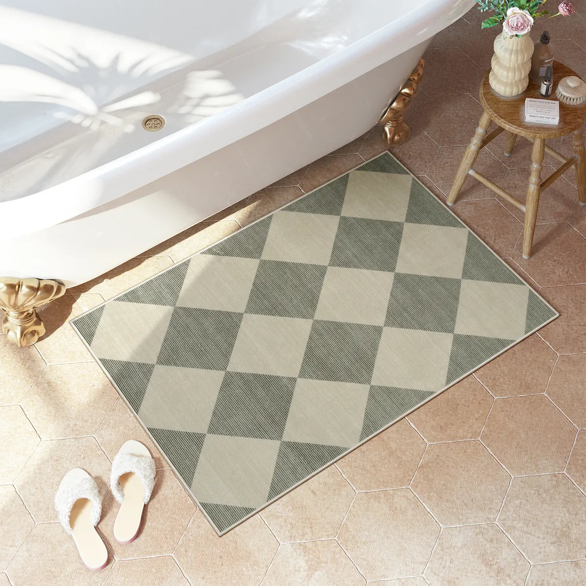 Varell Washable Modern Geometric Checkered Green Runner Rug Rugs Lahome