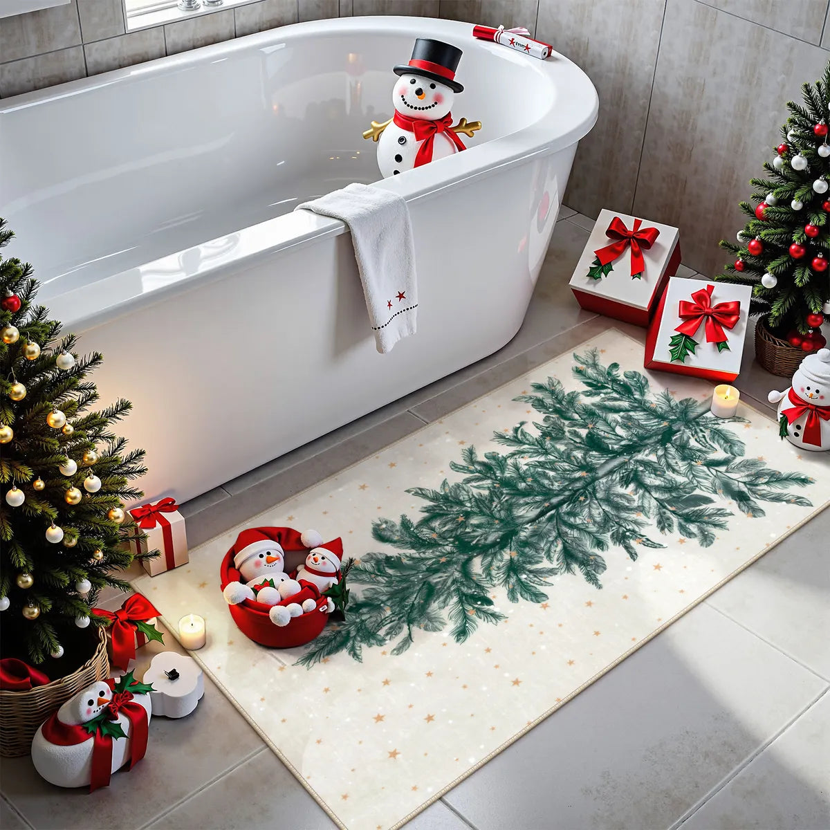 Christmas Washable Tree and Snowflake Beige Rug Area Rugs Lahome