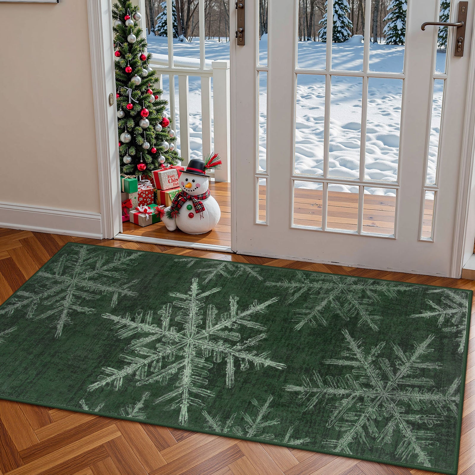 Christmas Washable Crystal Snowflake Green Rug Area Rugs Lahome 2' x 4'