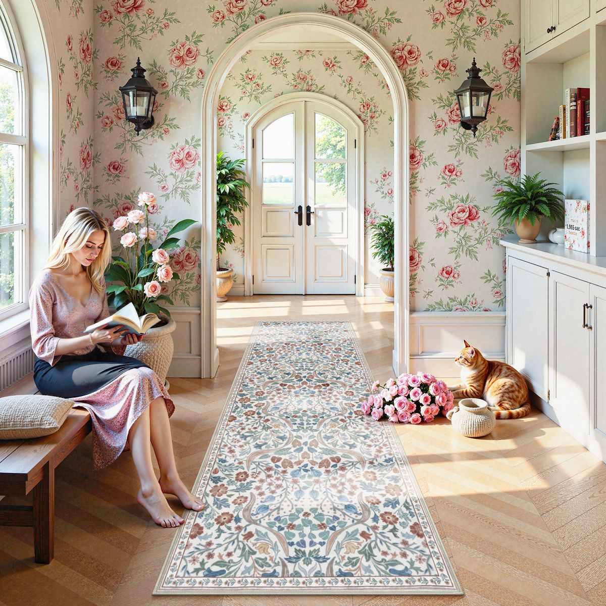 Washable Beige Floral Botanical Rug | Claude Maximalism Style - Lahome