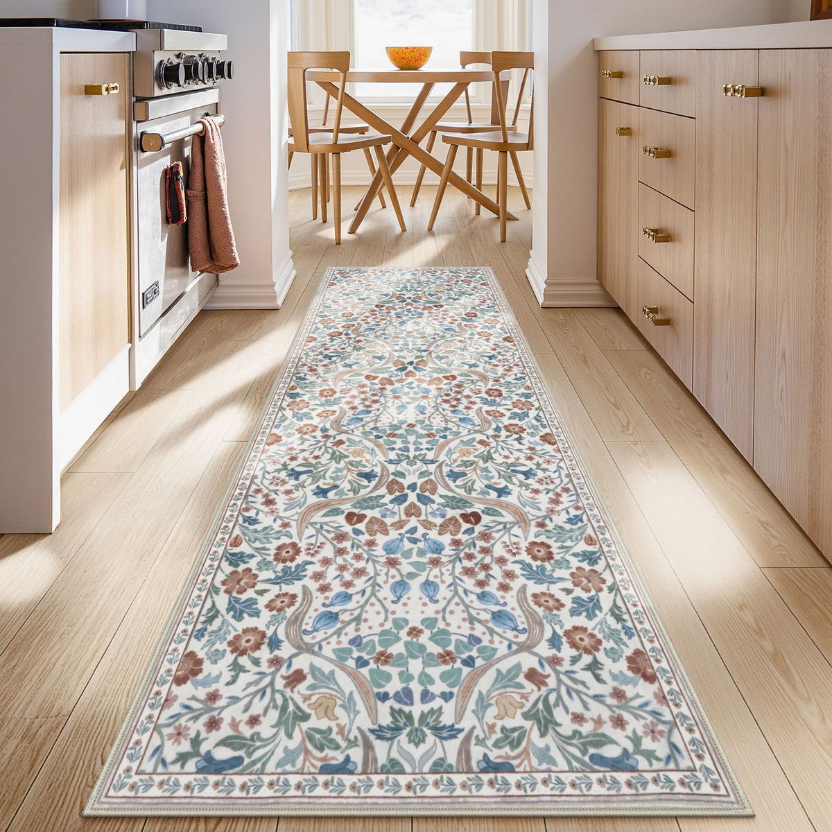 Washable Beige Floral Botanical Rug | Claude Maximalism Style - Lahome