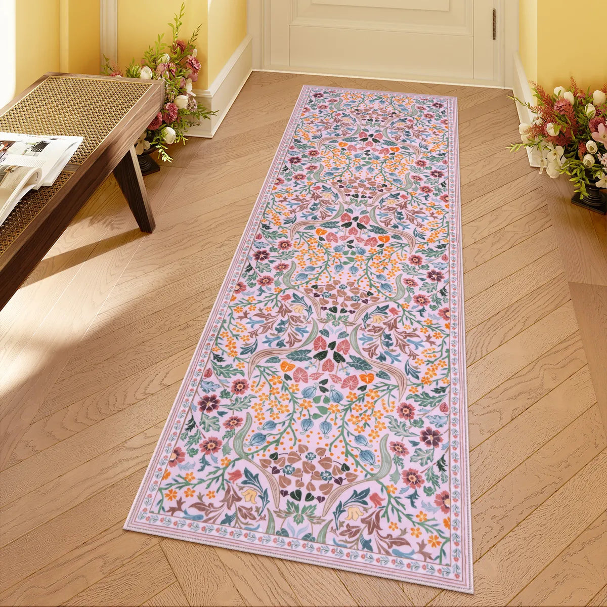 Clearance Claude Washable Maximalism Vibrant Blossom Floral 2x6 Pink Runner Rug Clearance Rugs Lahome