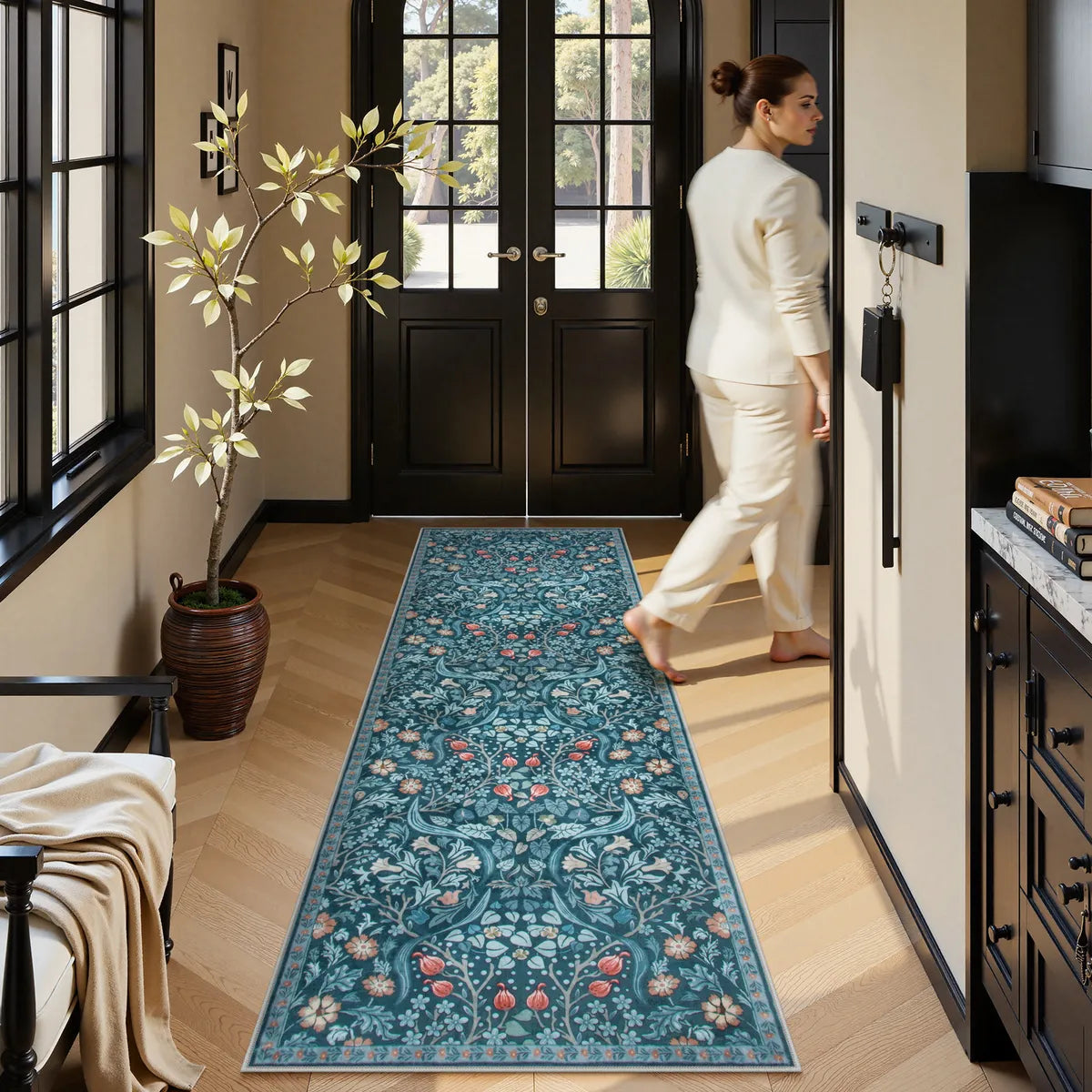 Claude Washable Maximalism Vibrant Floral Teal Blue Rug Area Rugs Lahome 2' x 6'