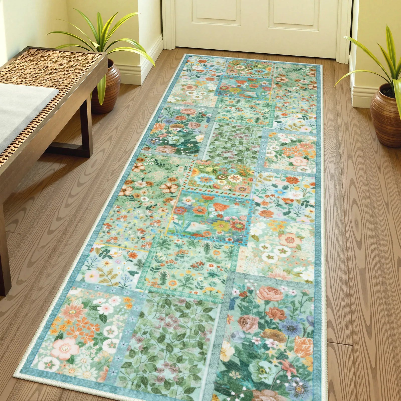 Amour Washable Boho Patchwork Floral Green Rug Rugs Lahome