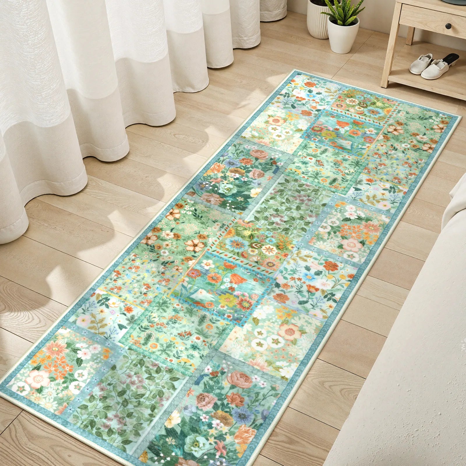Amour Washable Boho Patchwork Floral Green Rug Rugs Lahome 2' x 6'