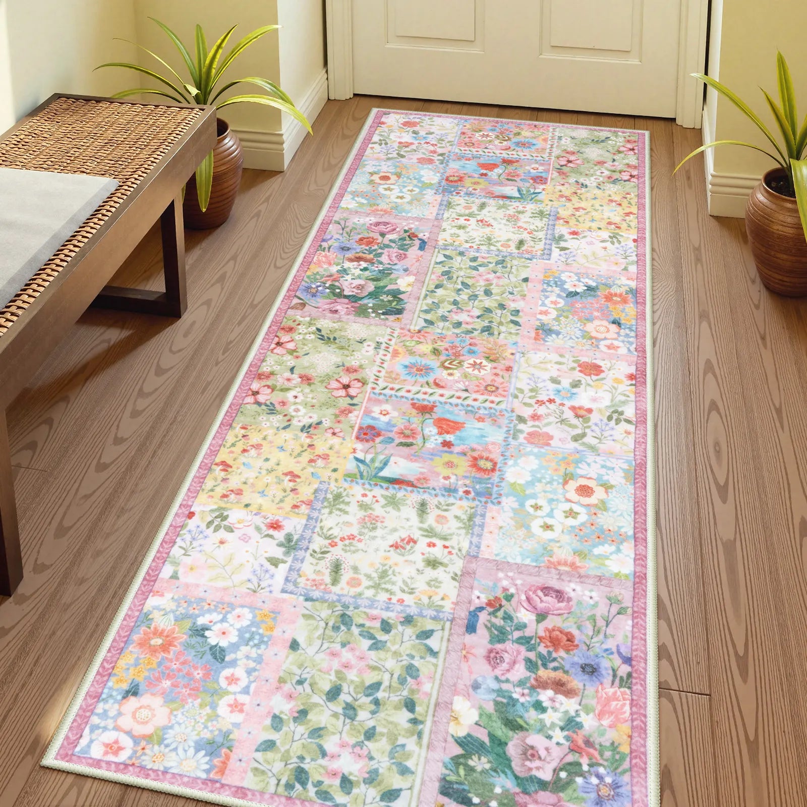 Amour Washable Boho Patchwork Floral Pink Rug Rugs Lahome