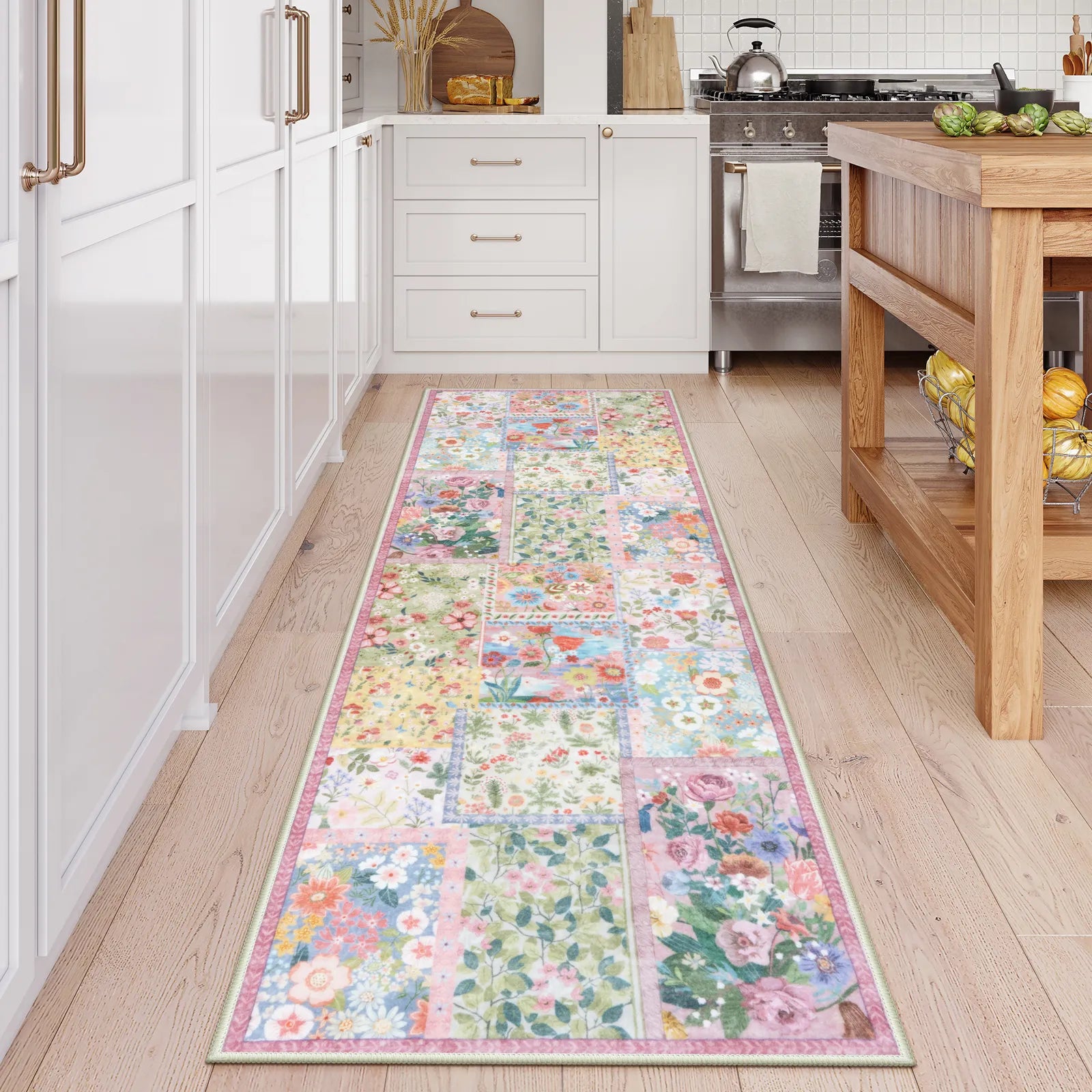 Amour Washable Boho Patchwork Floral Pink Rug Rugs Lahome