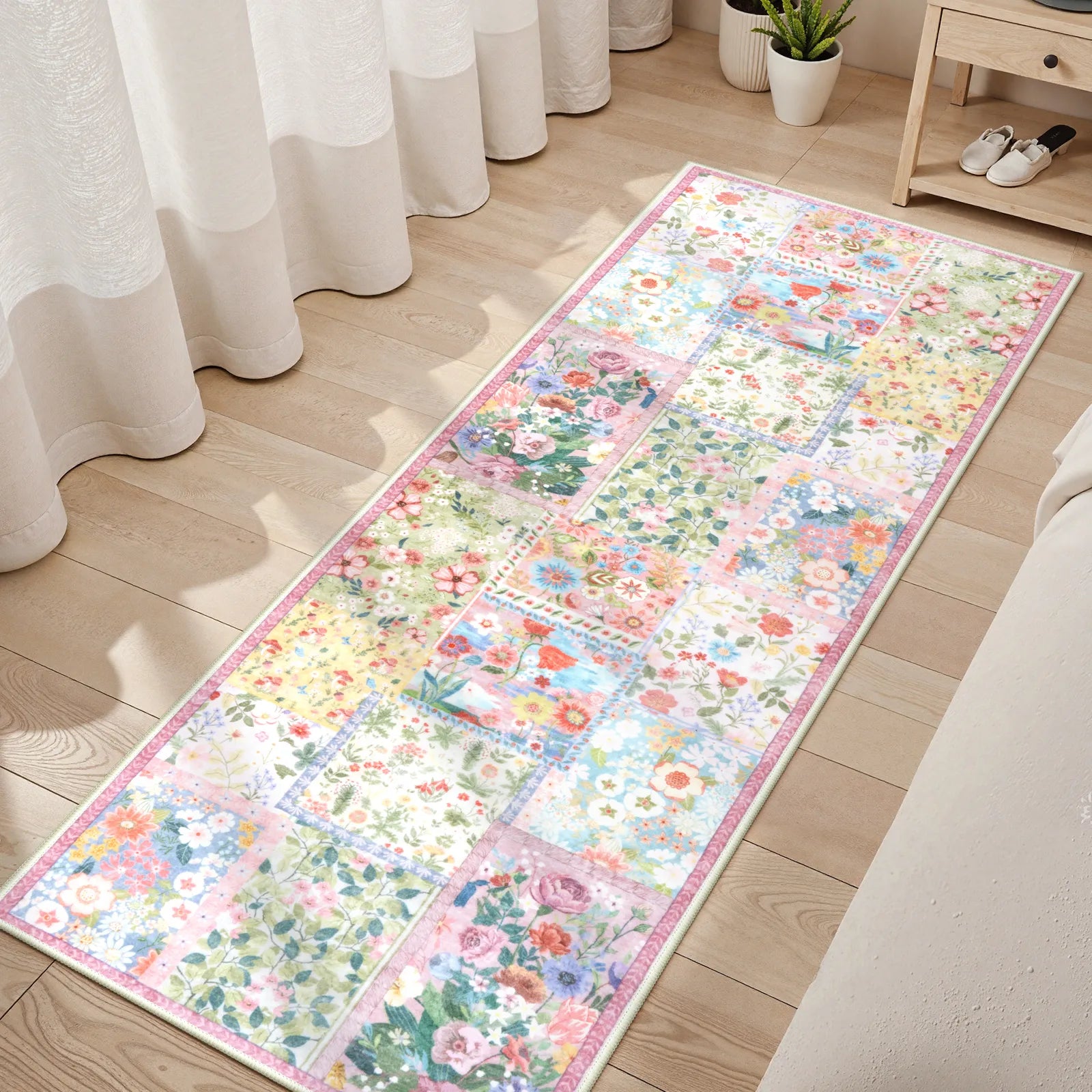 Amour Washable Boho Patchwork Floral Pink Rug Rugs Lahome 2' x 6'