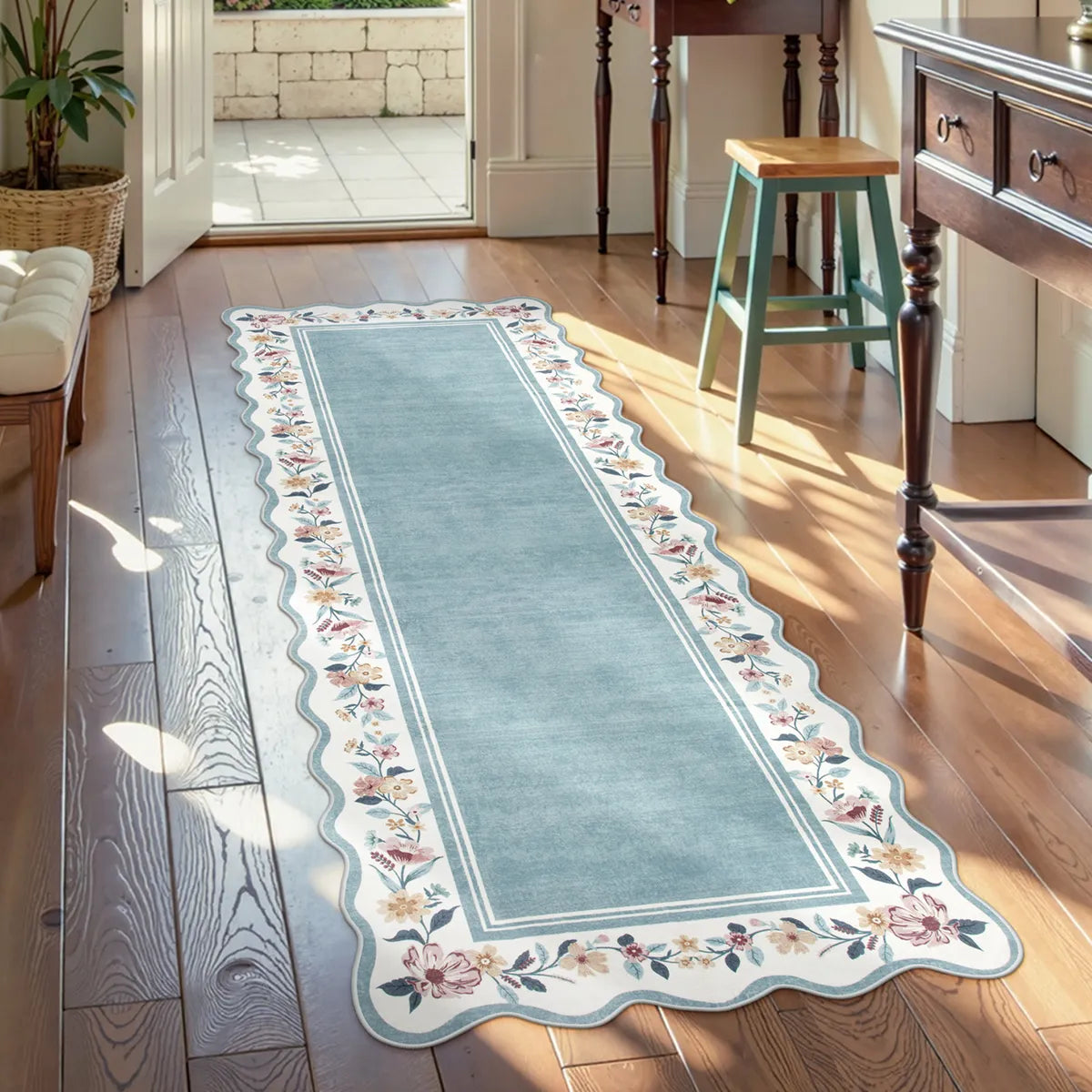 Ariele Washable Vintage Floral Scalloped Dusty Blue Rug Area Rugs Lahome 2' x 6'