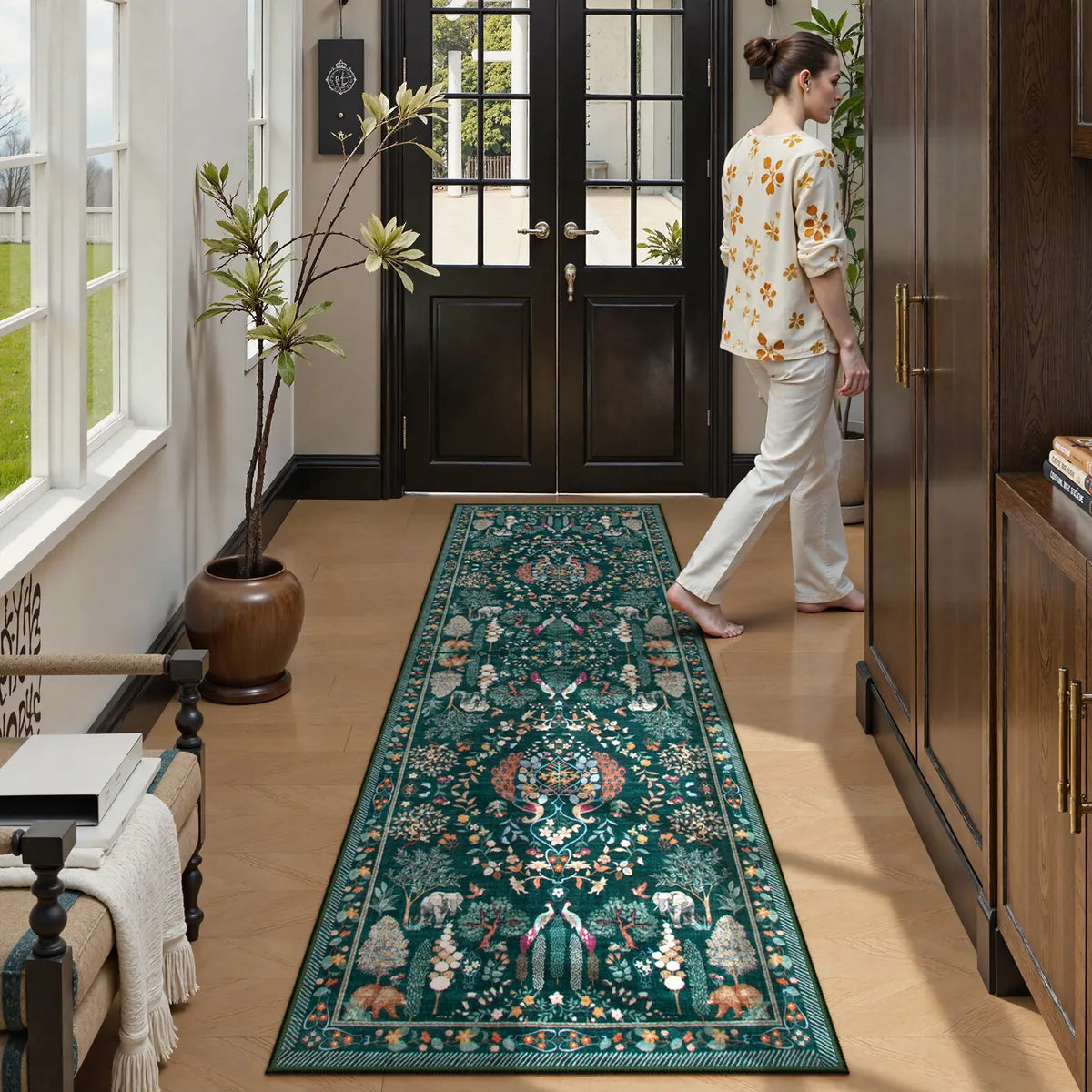 Avine Washable Bohemian Botanical Animals Green Rug Rugs Lahome