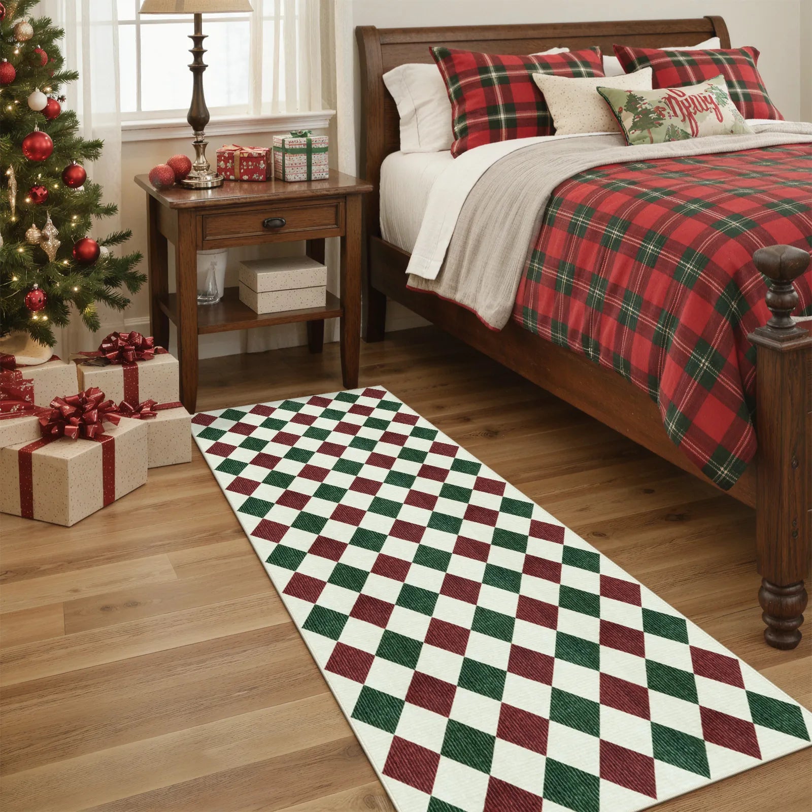 Celian Christmas Washable Diamond Checkered Red & Green Rug Runner Rugs Lahome