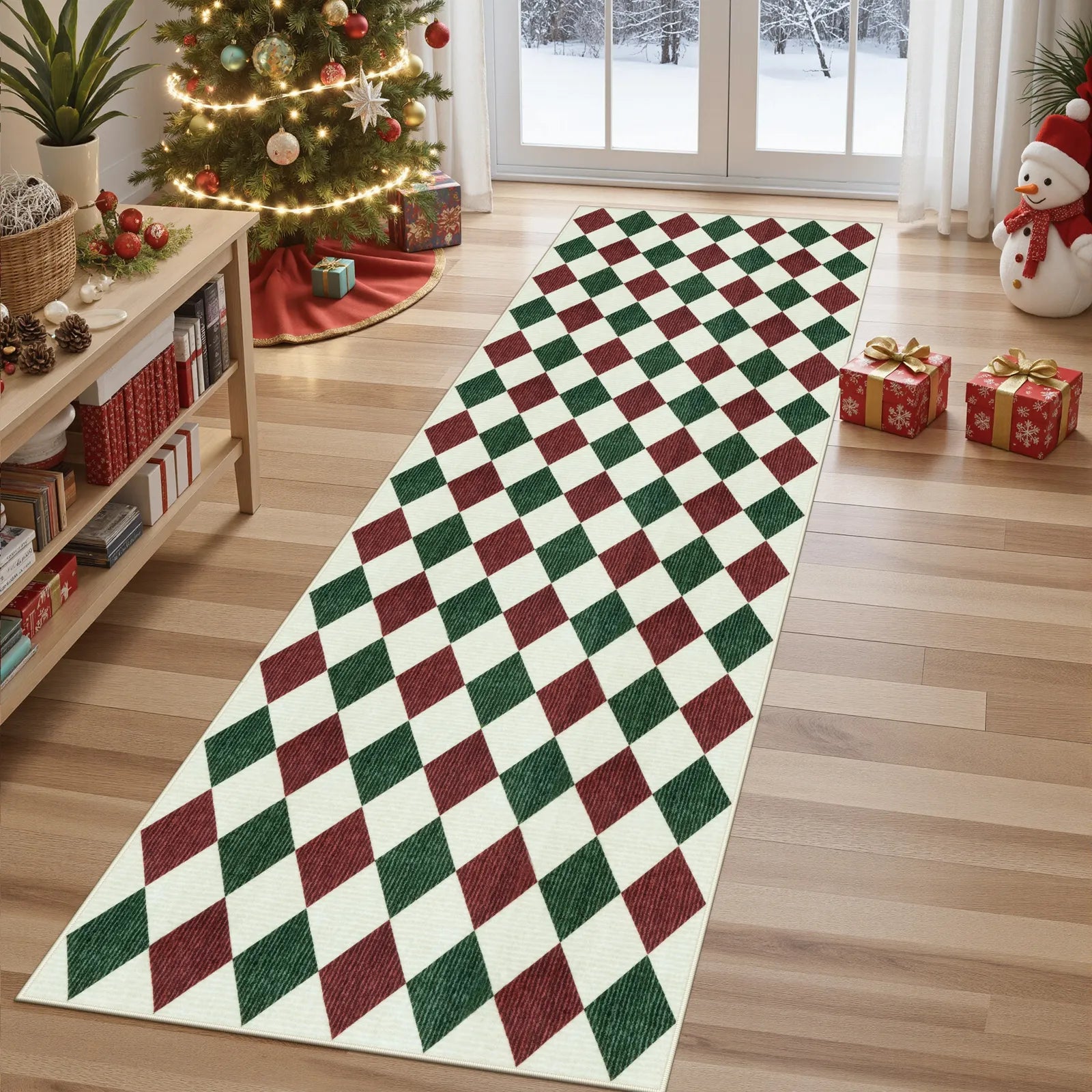 Celian Christmas Washable Diamond Checkered Red & Green Rug Runner Rugs Lahome