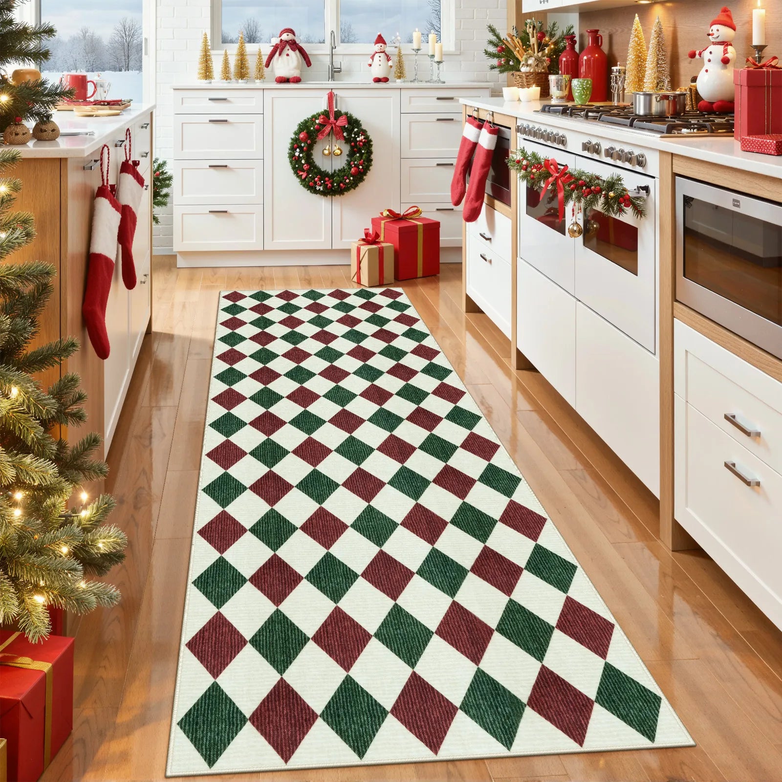 Celian Christmas Washable Diamond Checkered Red & Green Rug Runner Rugs Lahome 2' x 6'