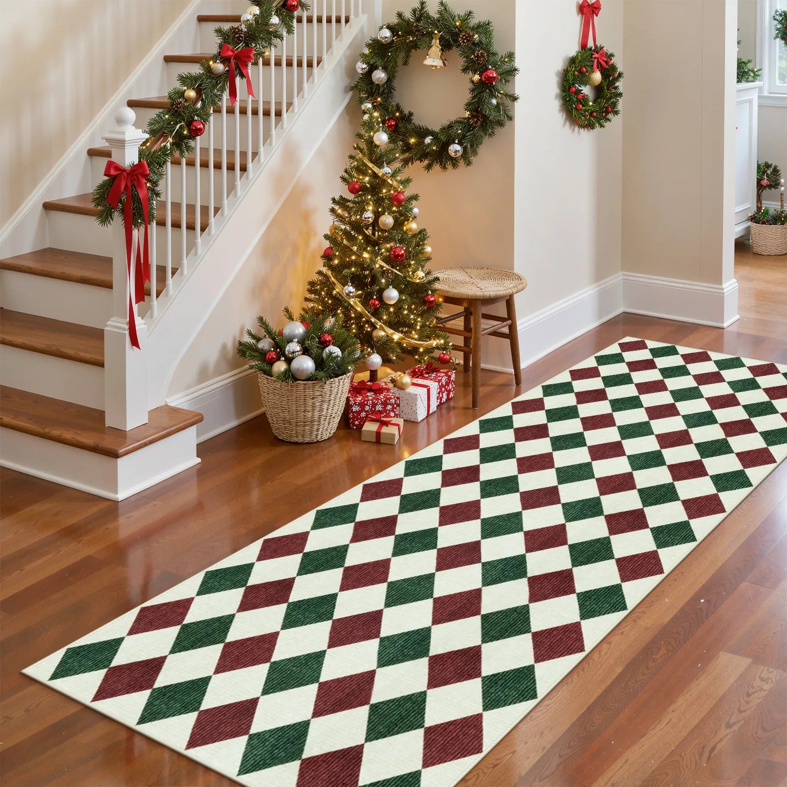 Celian Christmas Washable Diamond Checkered Red & Green Rug Runner Rugs Lahome