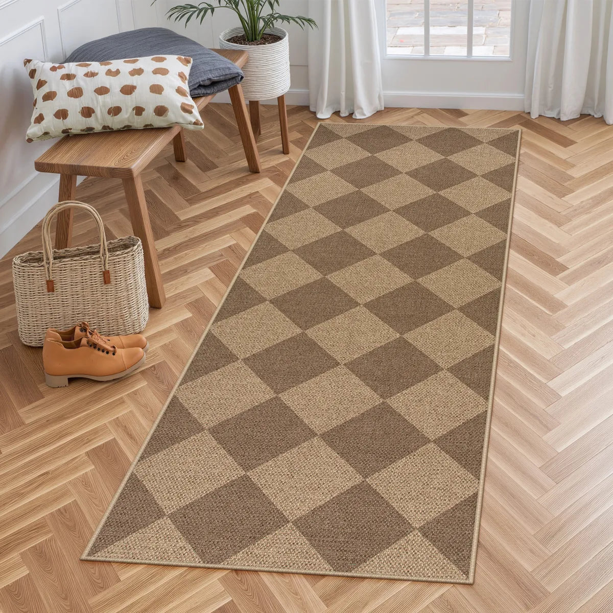 Coline Washable Geometric Checkered Easy Jute Khaki Indoor/Outdoor Rug Easy Jute Area Rug Lahome