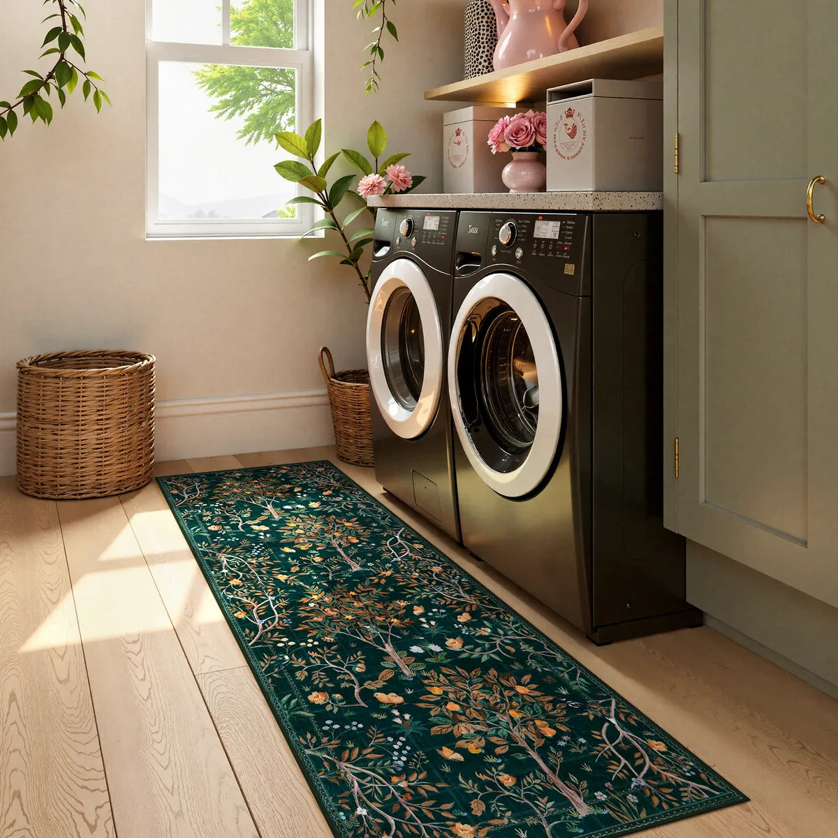 Elowen Washable Boho Forest Botanical Dark Green Rug Rugs Lahome