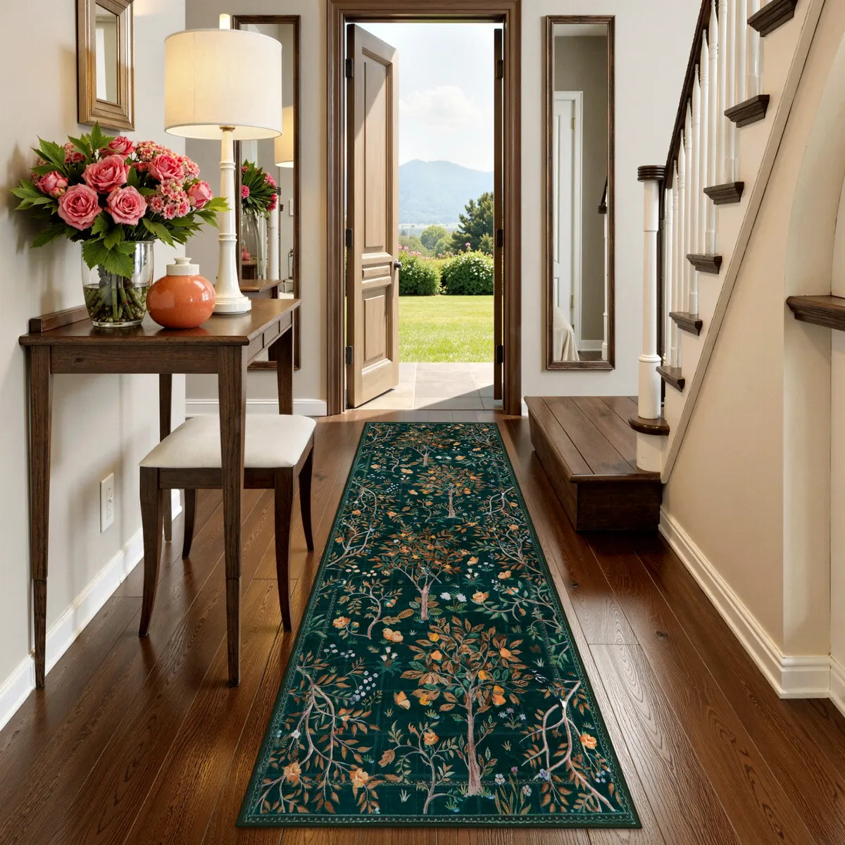 Elowen Washable Boho Forest Botanical Dark Green Rug Rugs Lahome 2' x 6'