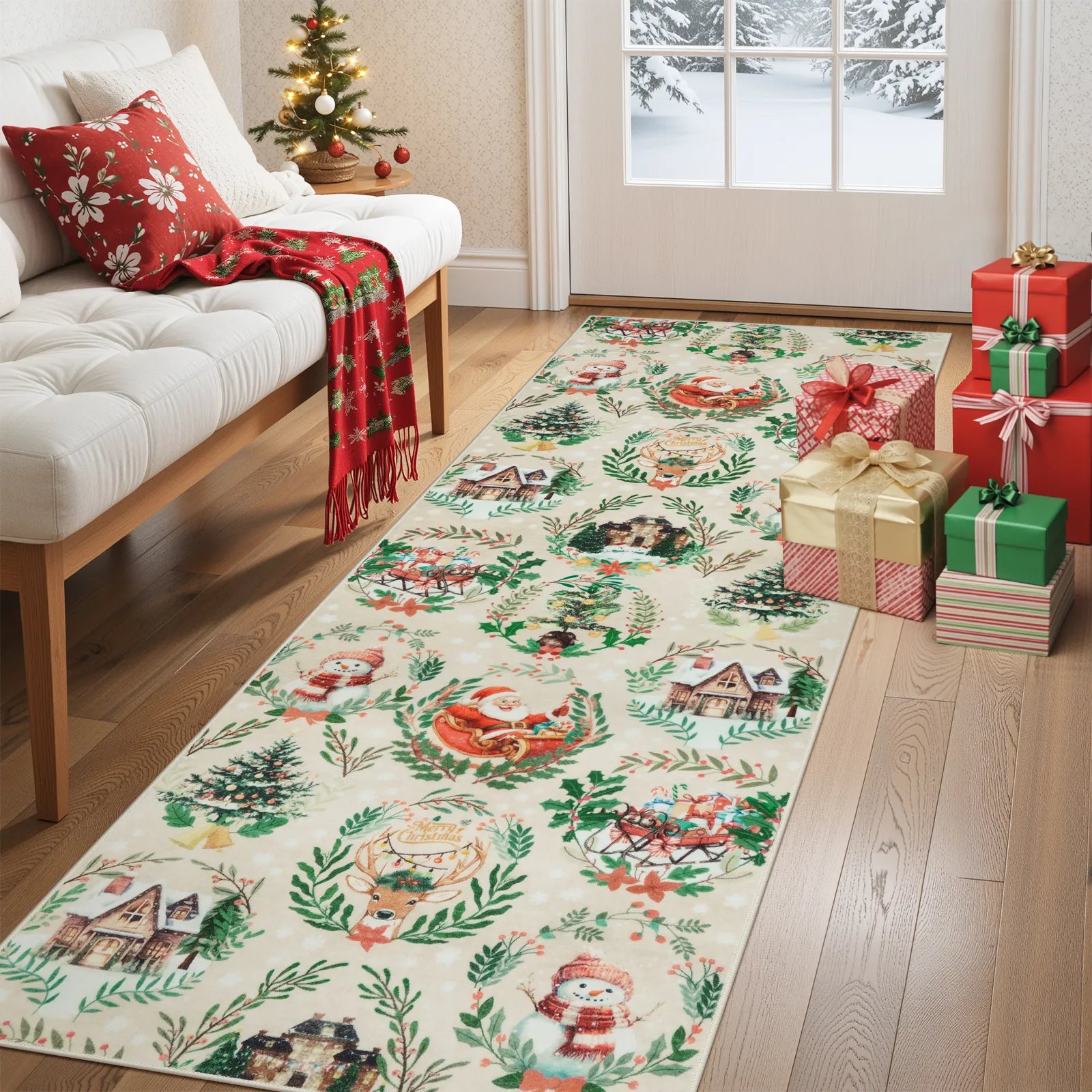 Laure Christmas Washable Garland Santa Sleigh Beige Rug Runner Rugs Lahome 2' x 6'