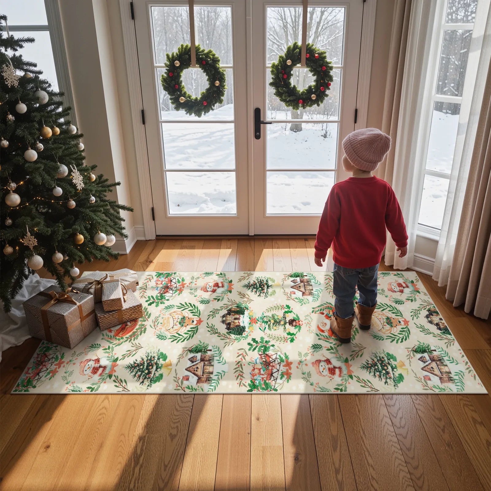 Laure Christmas Washable Garland Santa Sleigh Beige Rug Runner Rugs Lahome