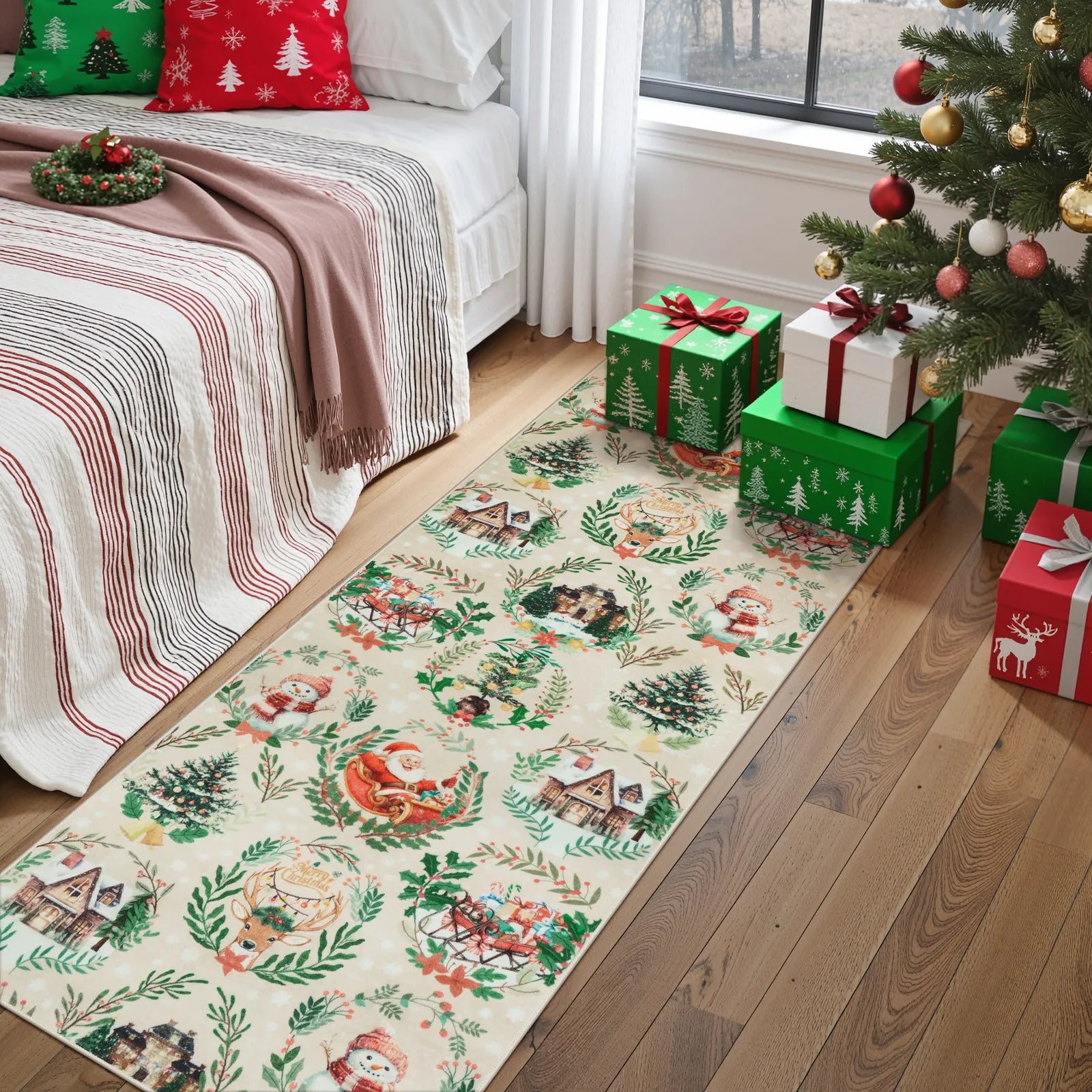 Laure Christmas Washable Garland Santa Sleigh Beige Rug Runner Rugs Lahome