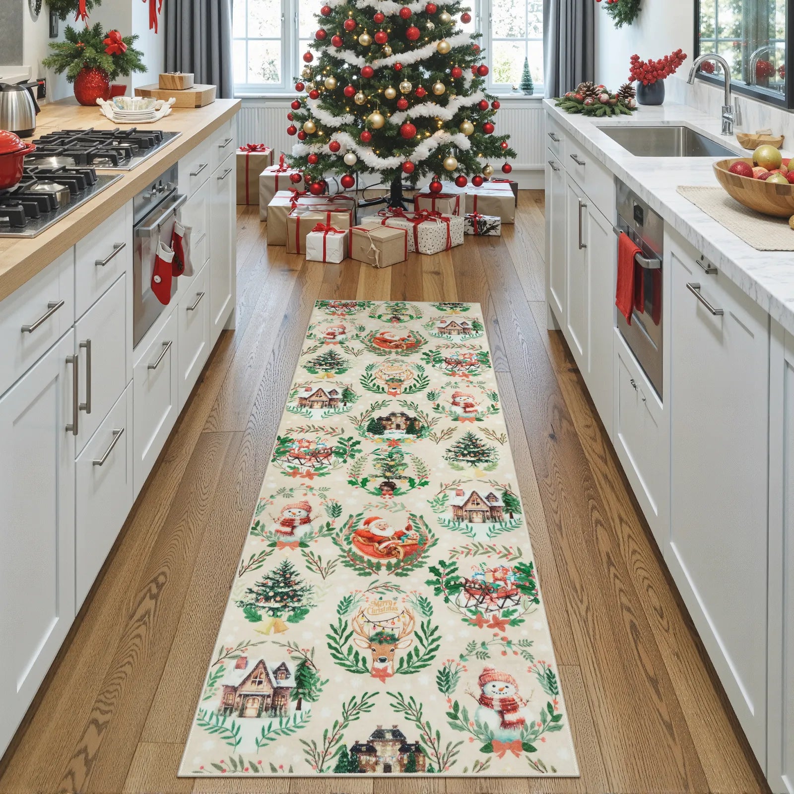 Laure Christmas Washable Garland Santa Sleigh Beige Rug Runner Rugs Lahome