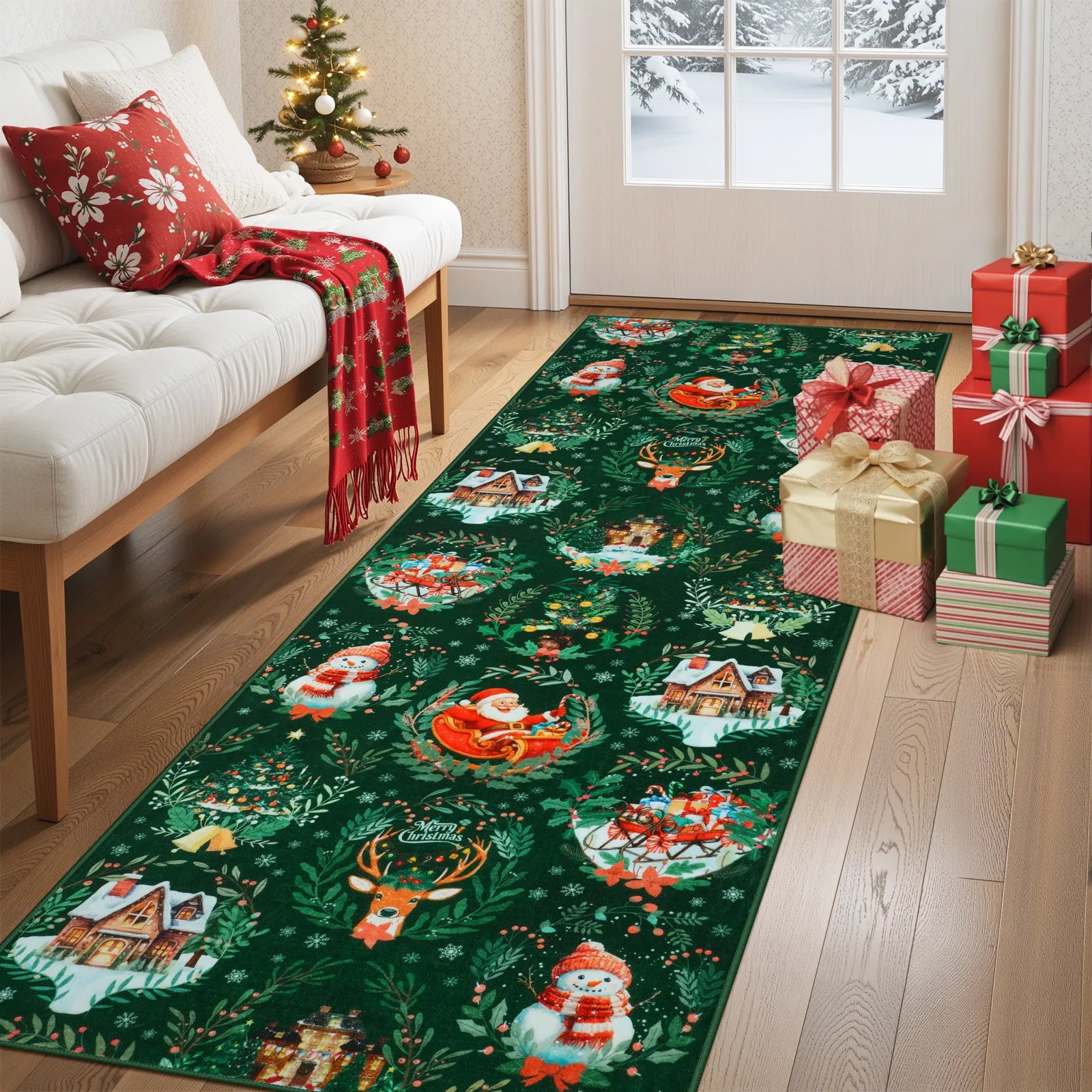 Laure Christmas Washable Garland Santa Sleigh Green Rug Runner Rugs Lahome 2' x 6'