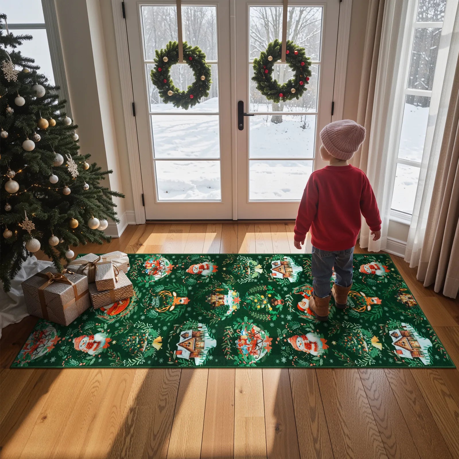 Laure Christmas Washable Garland Santa Sleigh Green Rug Runner Rugs Lahome