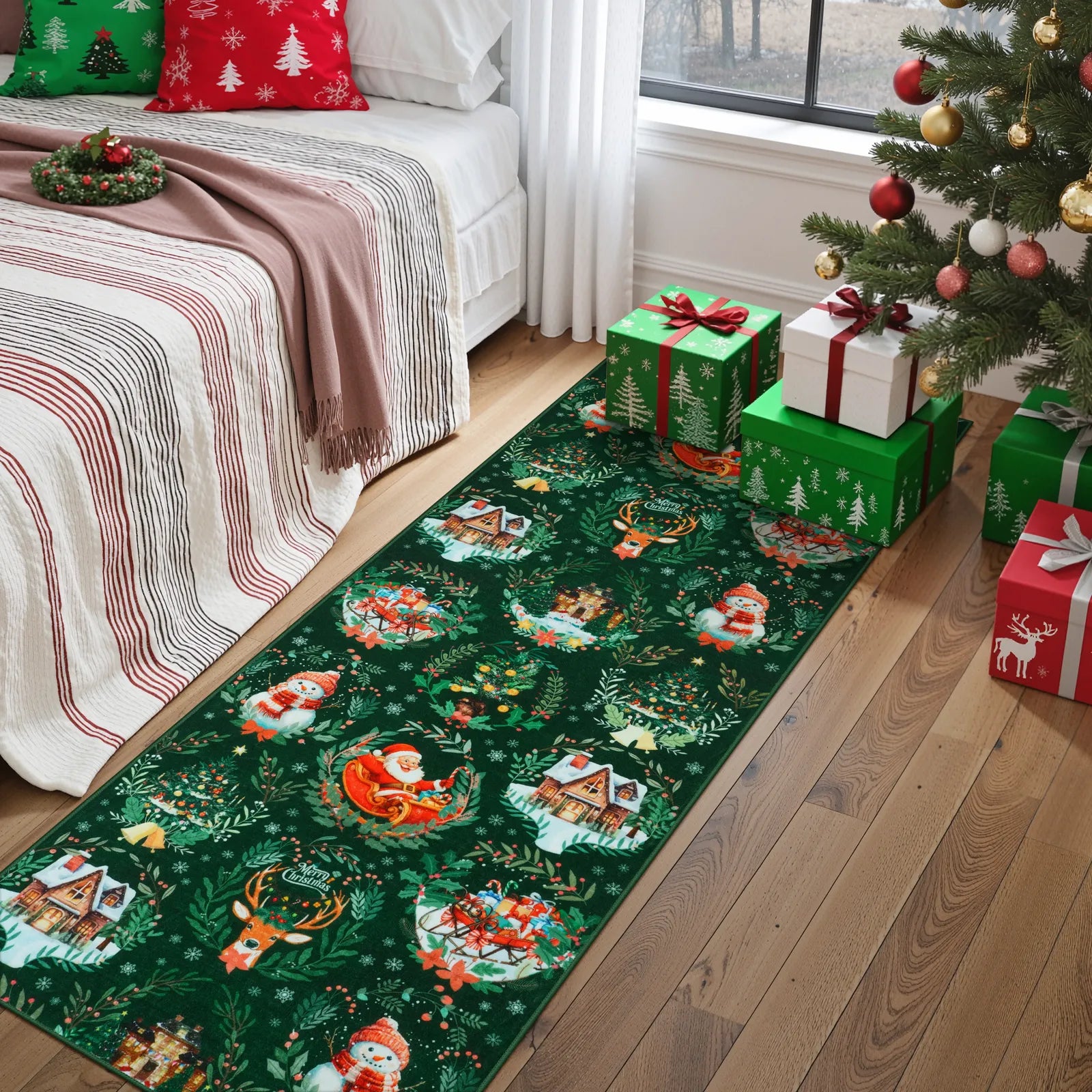 Laure Christmas Washable Garland Santa Sleigh Green Rug Runner Rugs Lahome