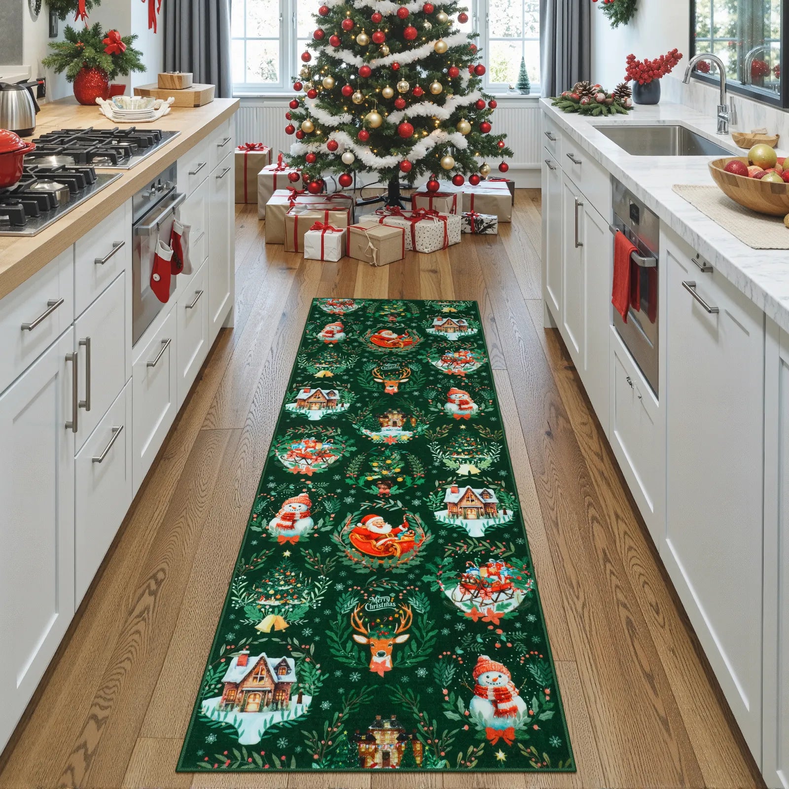 Laure Christmas Washable Garland Santa Sleigh Green Rug Runner Rugs Lahome