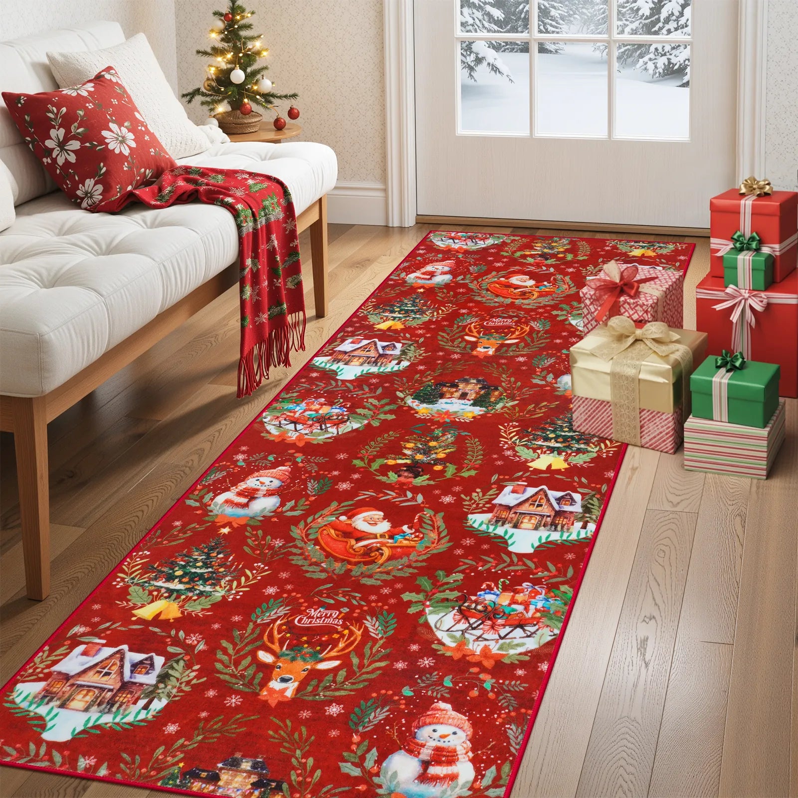 Laure Christmas Washable Garland Santa Sleigh Red Indoor/Outdoor Rug Area Rugs Lahome