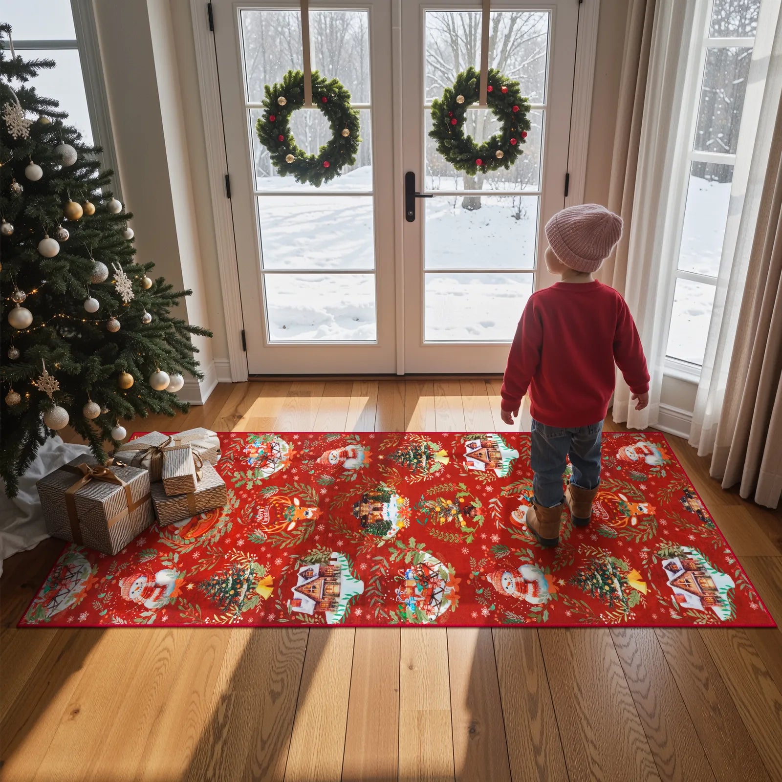 Laure Christmas Washable Garland Santa Sleigh Red Indoor/Outdoor Rug Area Rugs Lahome