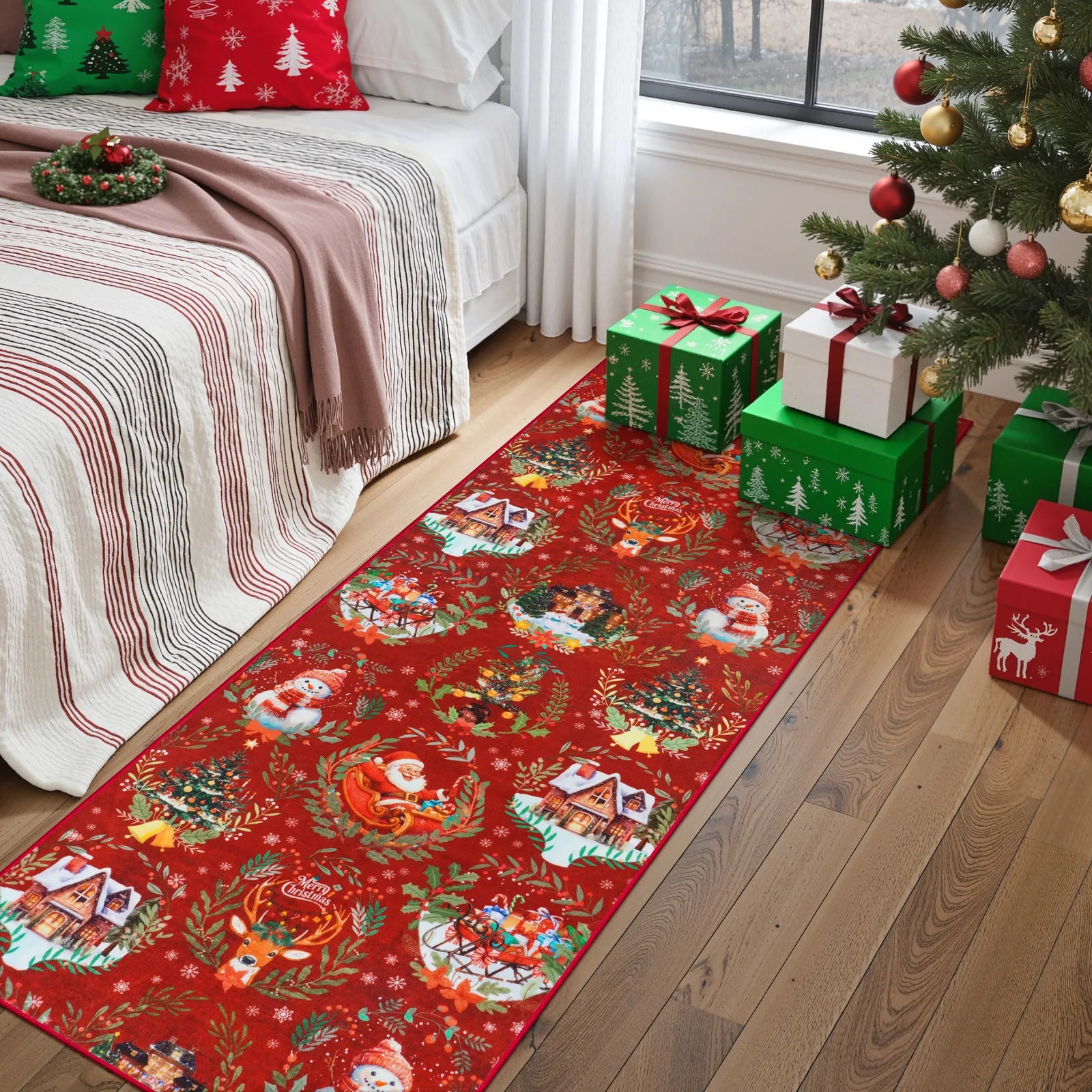 Laure Christmas Washable Garland Santa Sleigh Red Indoor/Outdoor Rug Area Rugs Lahome 2' x 6'