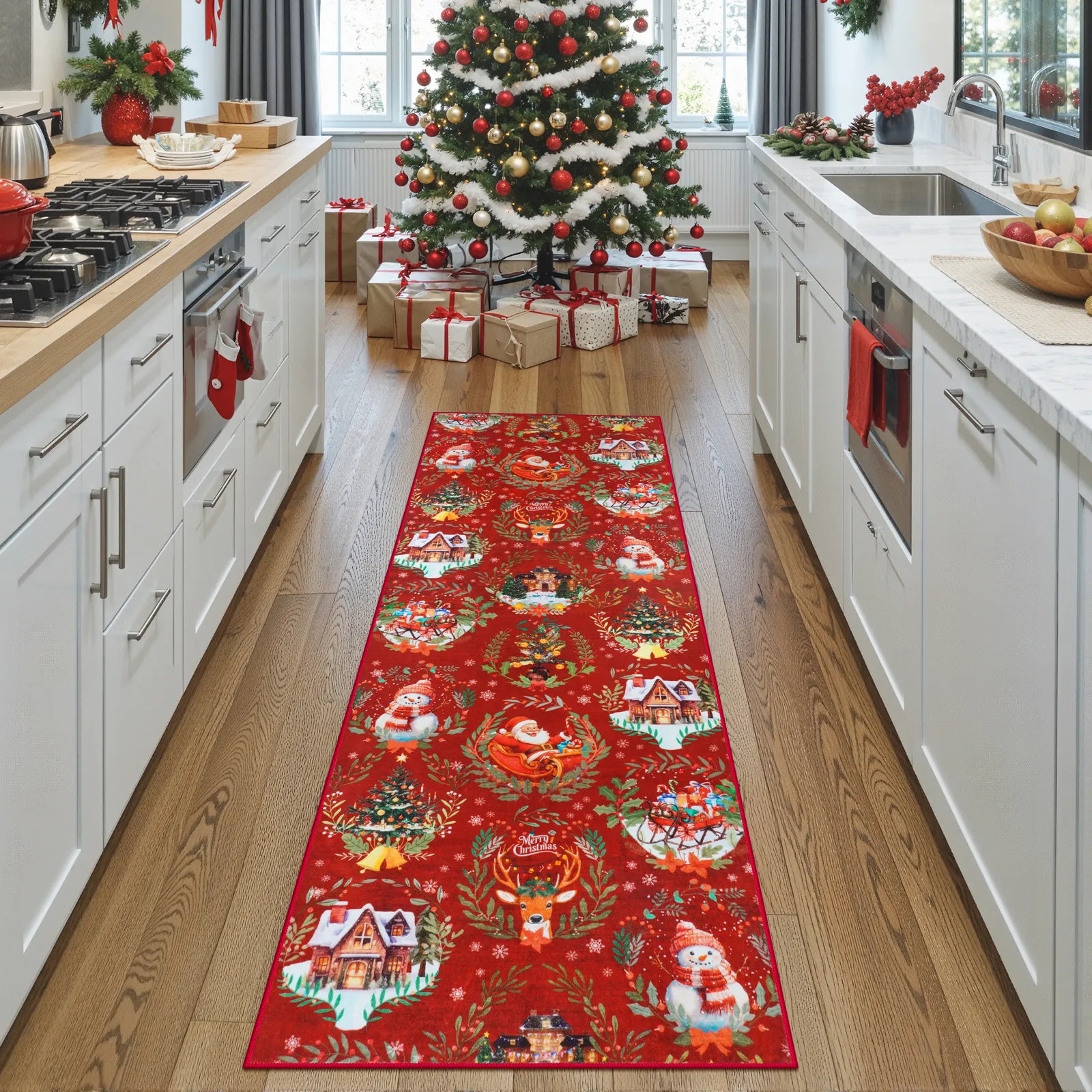 Laure Christmas Washable Garland Santa Sleigh Red Indoor/Outdoor Rug Area Rugs Lahome