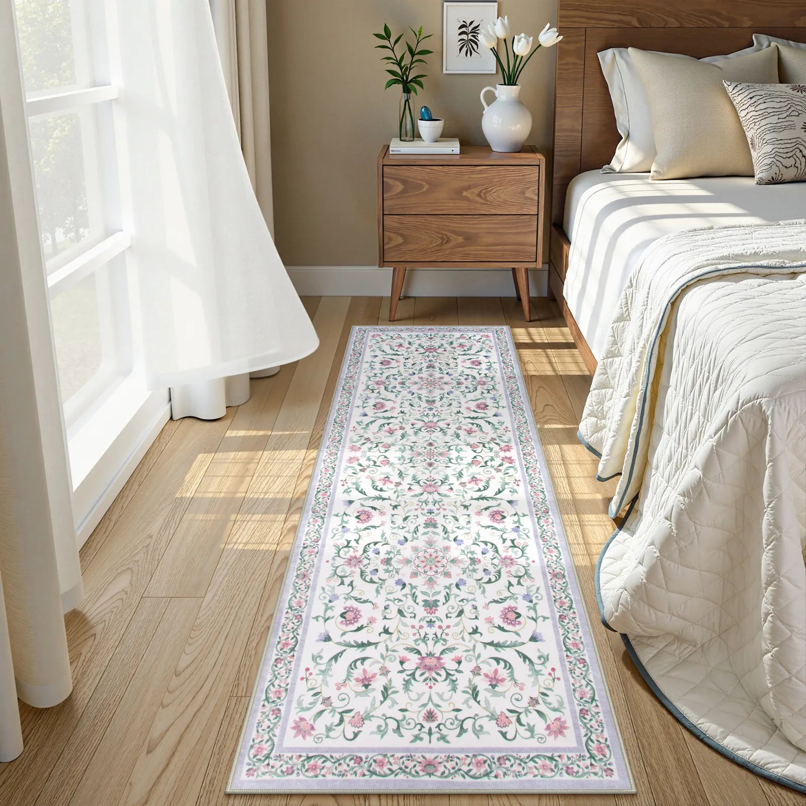 Lorevie Washable Boho vintage Garden Floral Purple Rug Rugs Lahome 2' x 6'