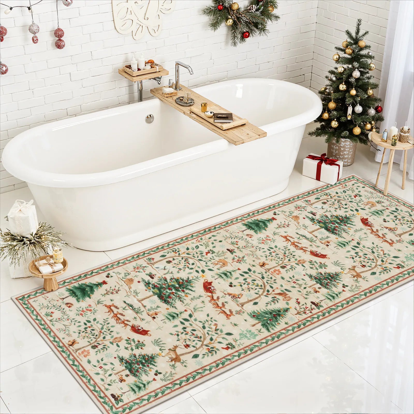Lumiere Christmas Washable Classic Deer Woodland Beige Rug Area Rugs Lahome