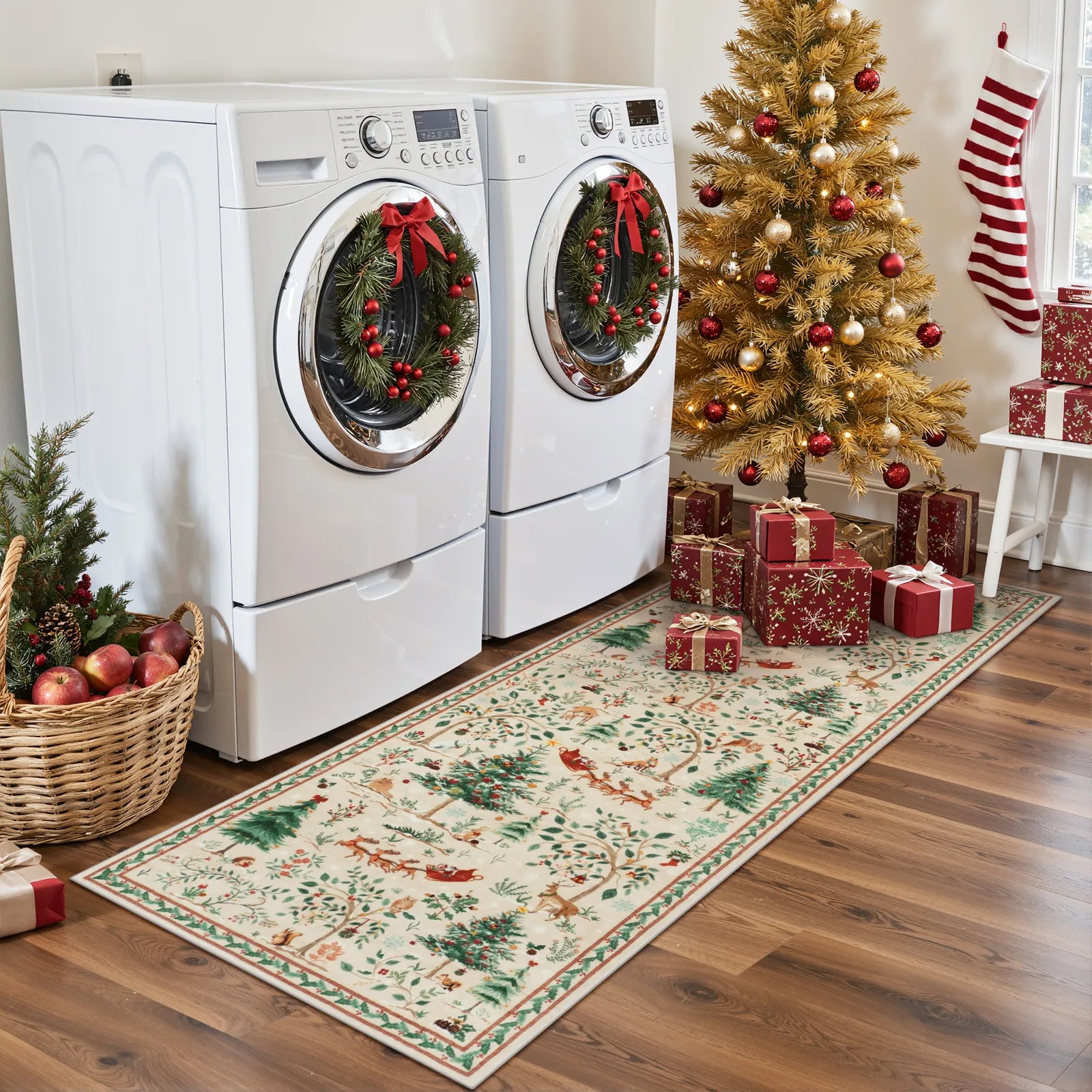 Lumiere Christmas Washable Classic Deer Woodland Beige Rug Area Rugs Lahome