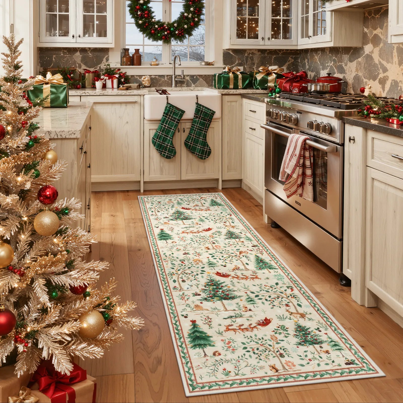 Lumiere Christmas Washable Classic Deer Woodland Beige Rug Area Rugs Lahome 2' x 6'