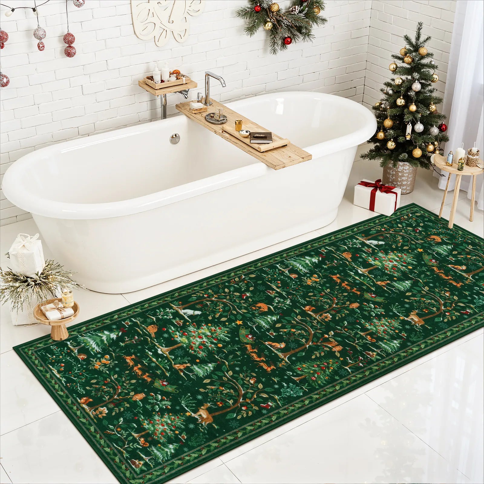 Lumiere Christmas Washable Classic Deer Woodland Green Rug Area Rugs Lahome