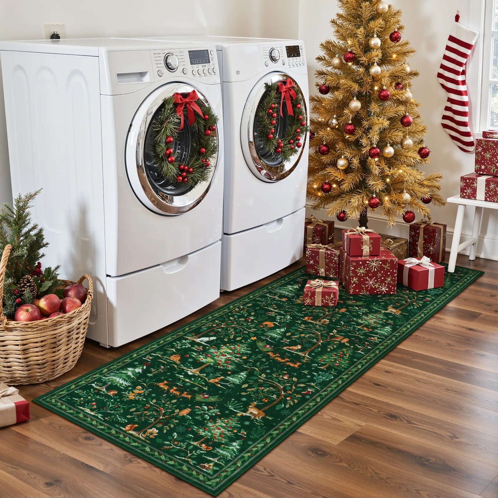 Lumiere Christmas Washable Classic Deer Woodland Green Rug Area Rugs Lahome