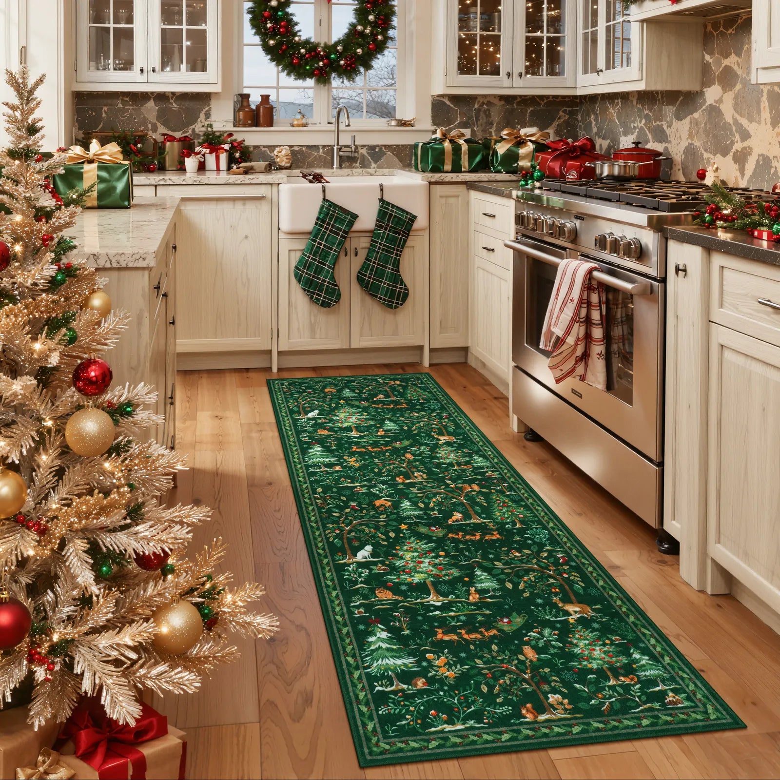 Lumiere Christmas Washable Classic Deer Woodland Green Rug Area Rugs Lahome