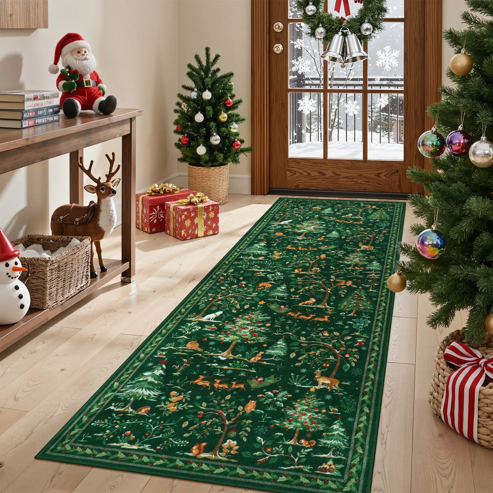 Lumiere Christmas Washable Classic Deer Woodland Green Rug Area Rugs Lahome 2' x 6'